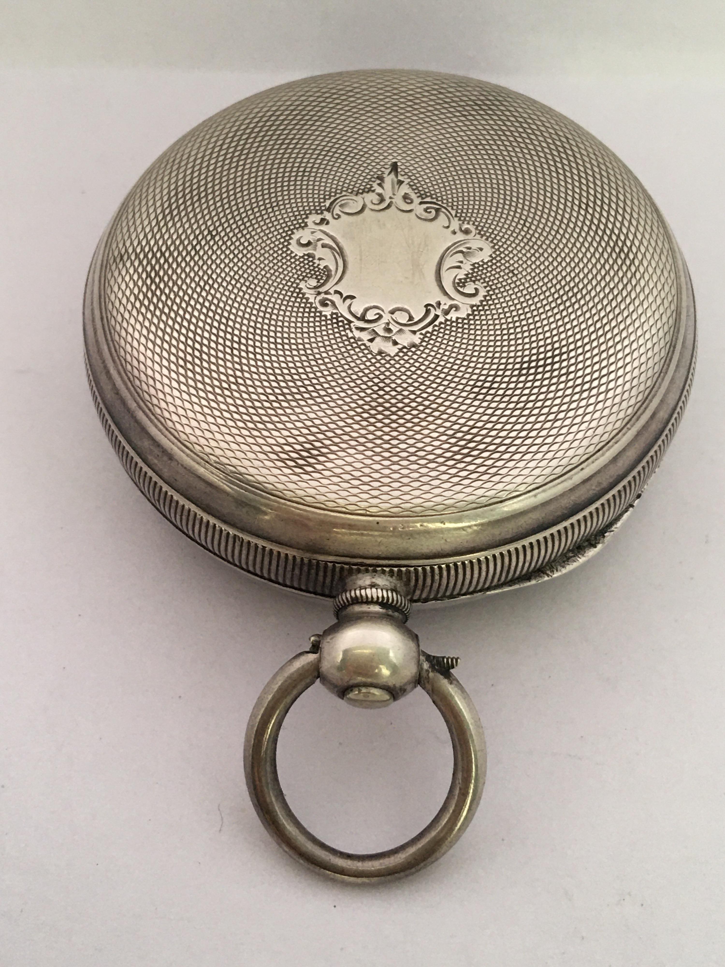 Antique Engine Turned Case Silver Key-Winding Pocket Watch For Sale 9