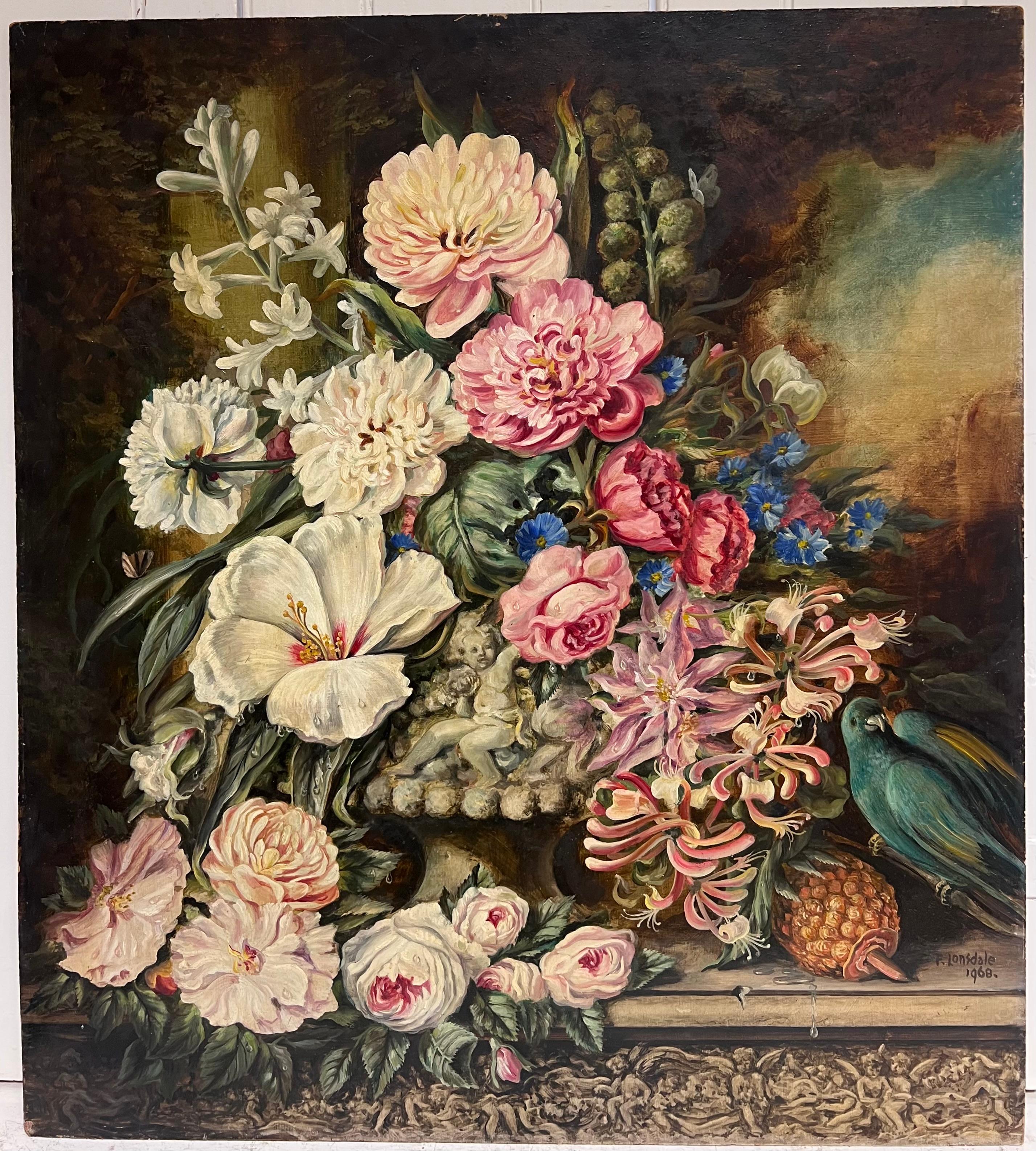 Feine englische Stillleben Blumen exotischen Vogel und Obst große Ölgemälde signiert – Painting von Antique English