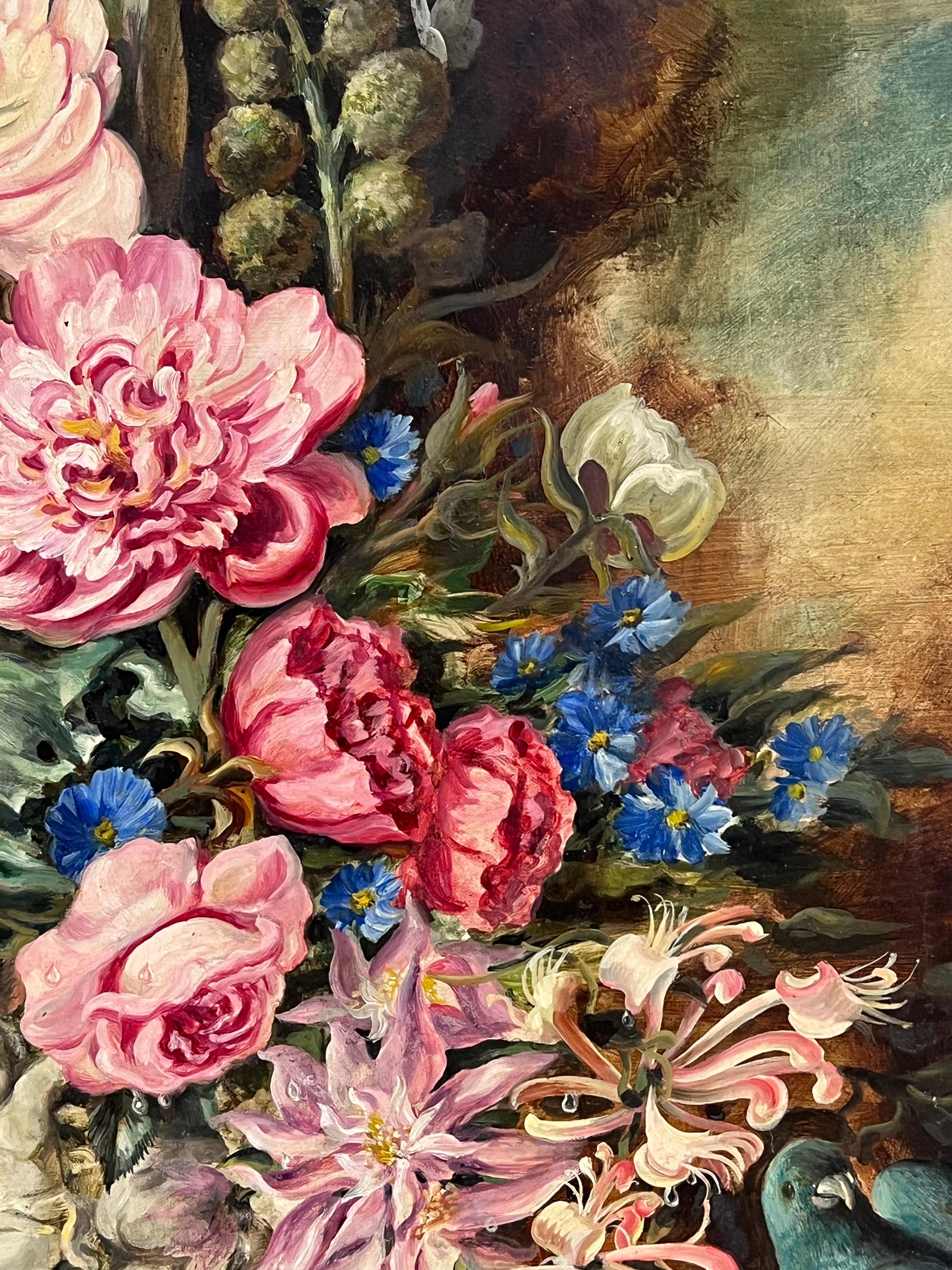 Feine englische Stillleben Blumen exotischen Vogel und Obst große Ölgemälde signiert (Viktorianisch), Painting, von Antique English