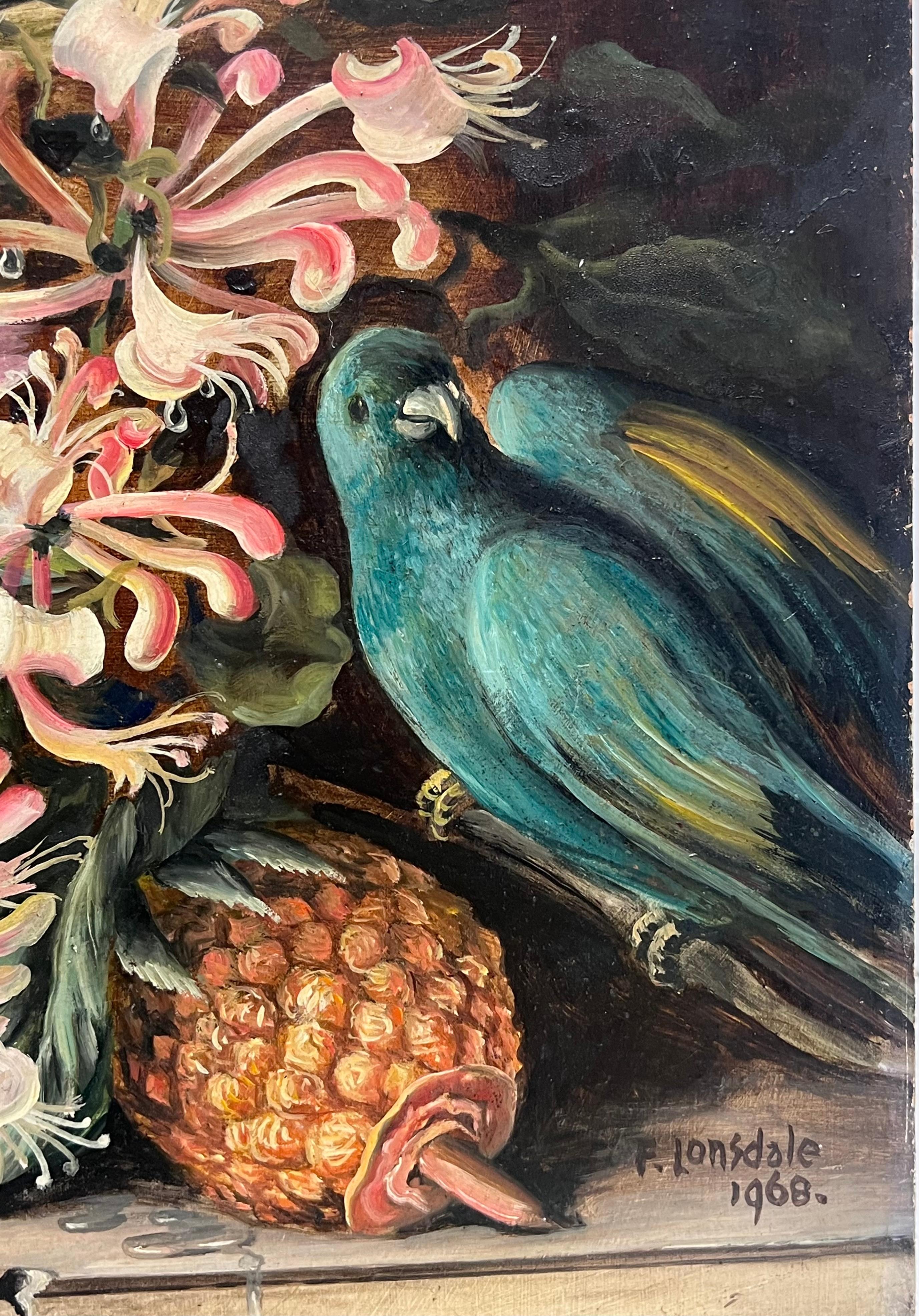 Feine englische Stillleben Blumen exotischen Vogel und Obst große Ölgemälde signiert im Angebot 1