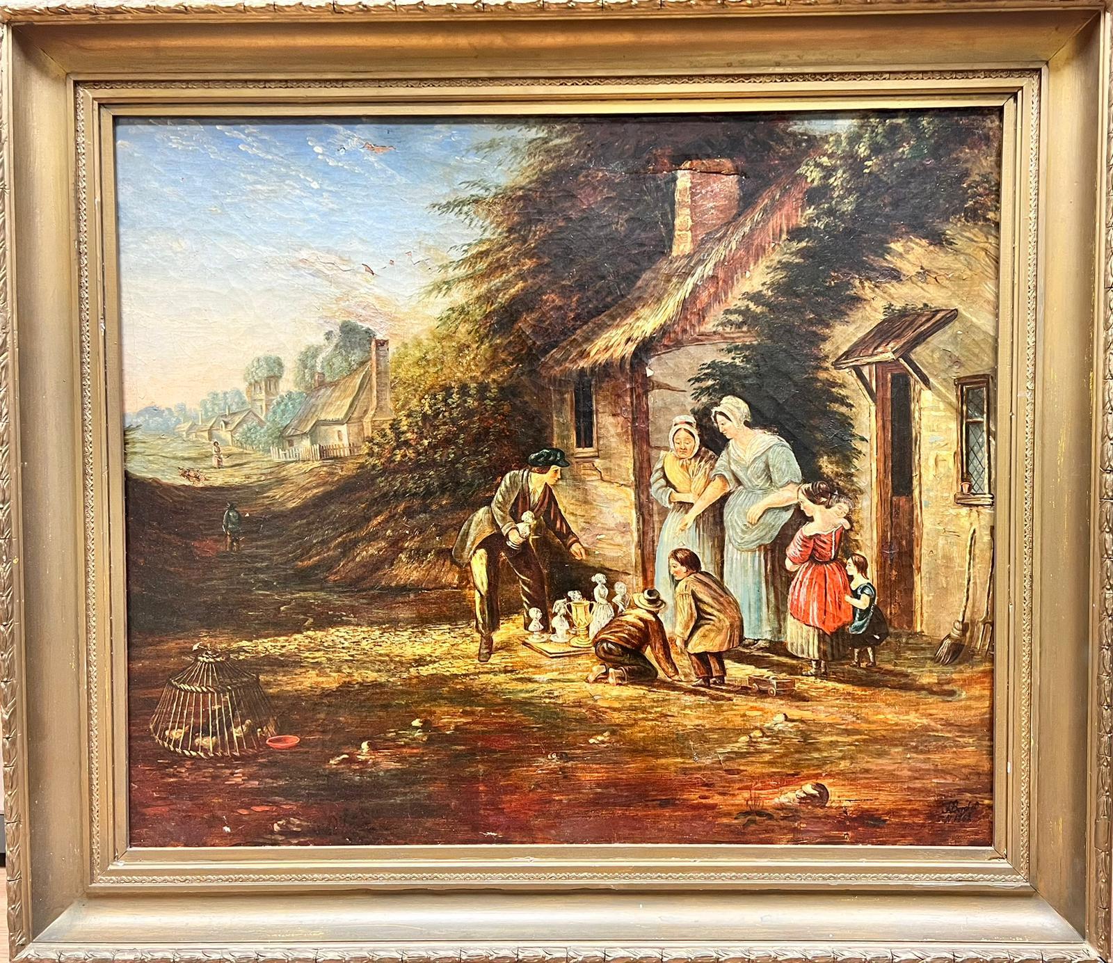 Grande peinture à l'huile victorienne anglaise pour la restauration - Une famille jouant aux Jeux extérieurs - Painting de Antique English