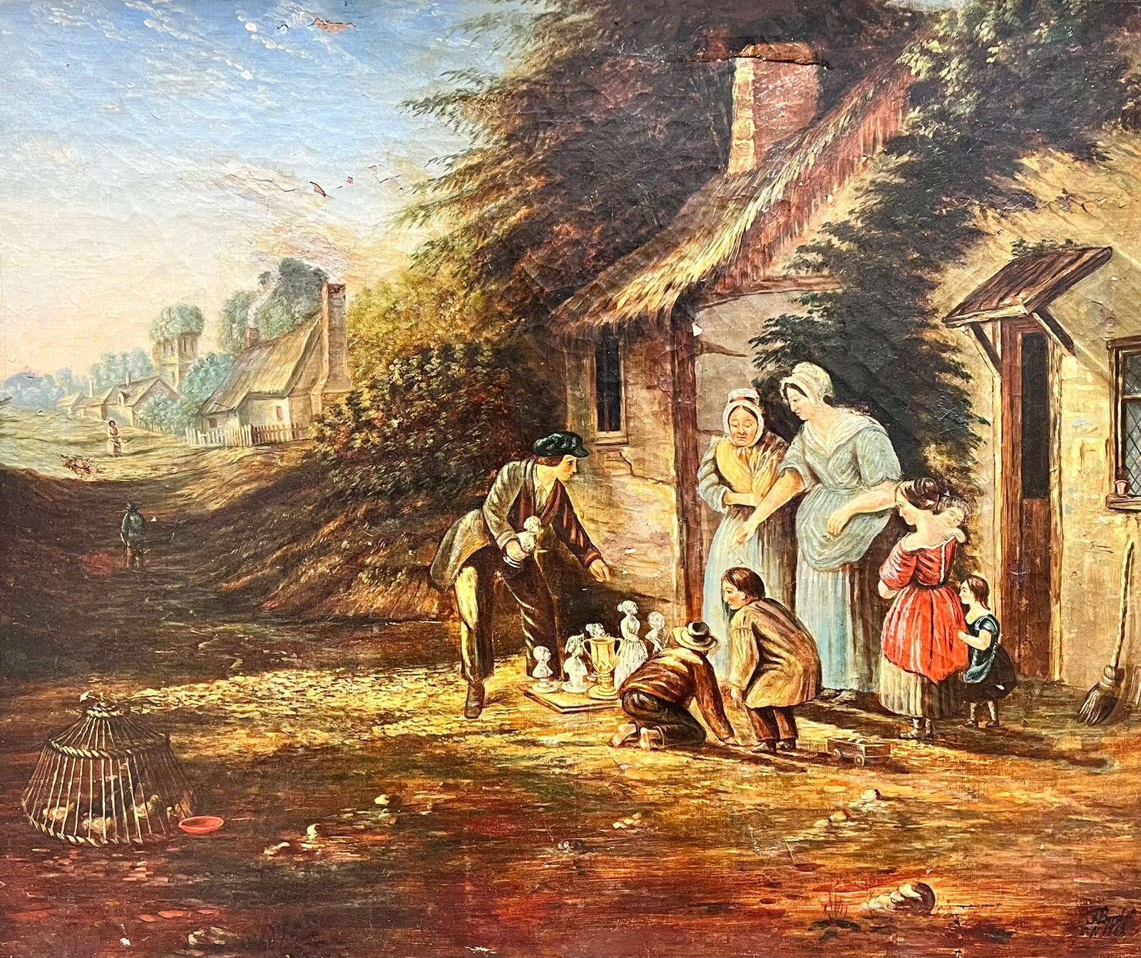 Huge Victorian English Oil Painting for Restoration Family Playing Games Outside