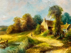 Very Large Antique English Oil Tranquil Rural Landscape Cattle Watering River