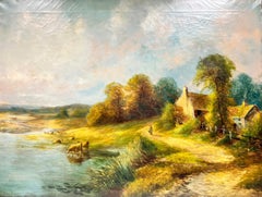 Very Large Antique English Oil Tranquil Rural Landscape Cattle Watering River