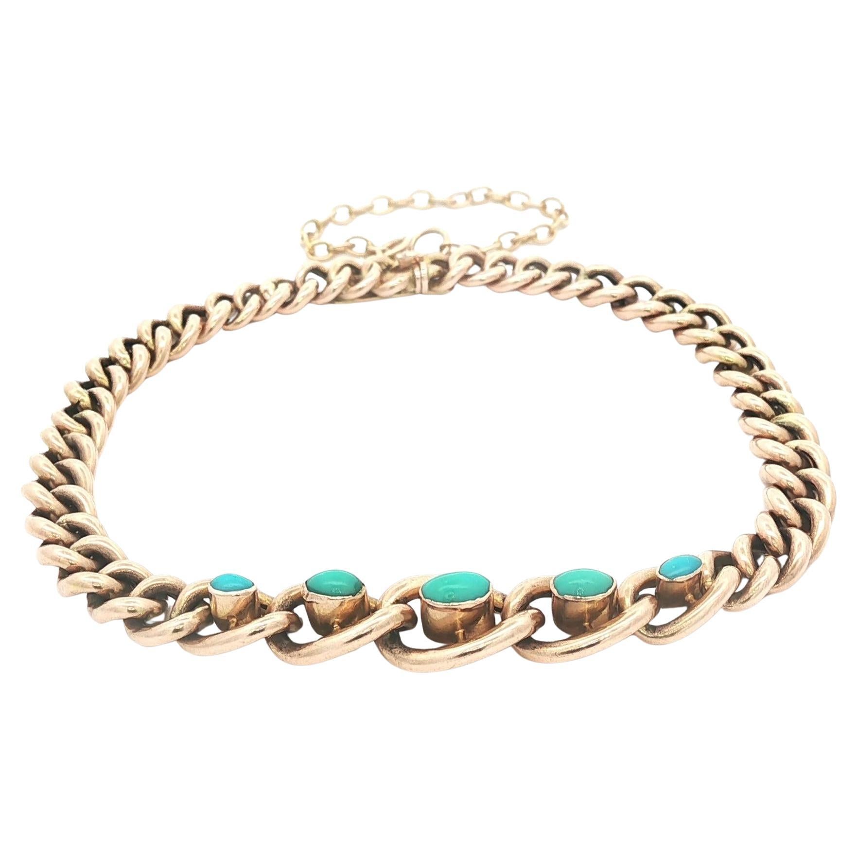 Bracelet ancien en or jaune 10ct et turquoise à maillons gradués.