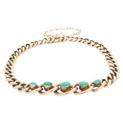 Antique English 10ct Yellow Gold Turquoise Graduated Curb link Chain Bracelet