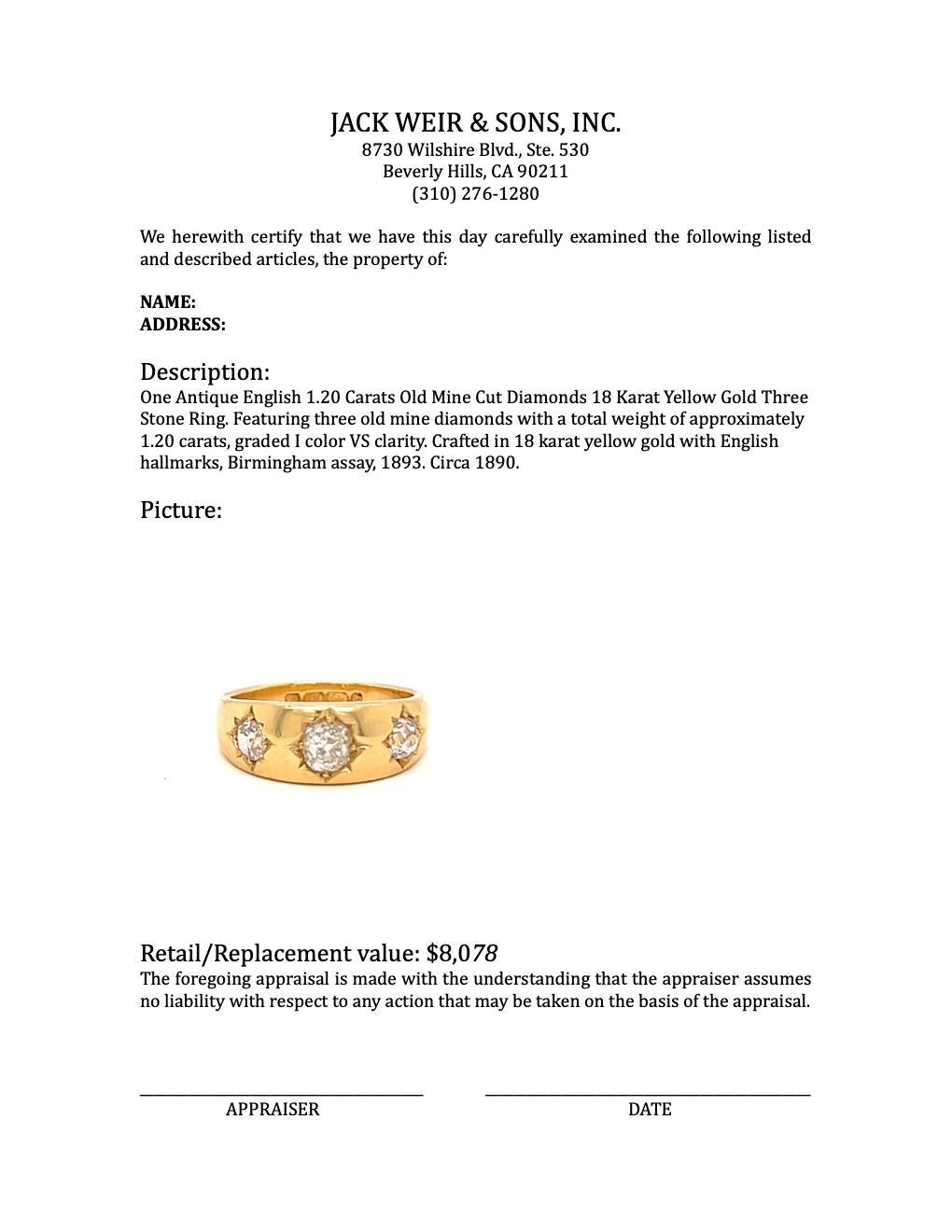 Women's or Men's Antique English 1.20 Carats Old Mine Cut Diamonds 18K Gold Three Stone Ring