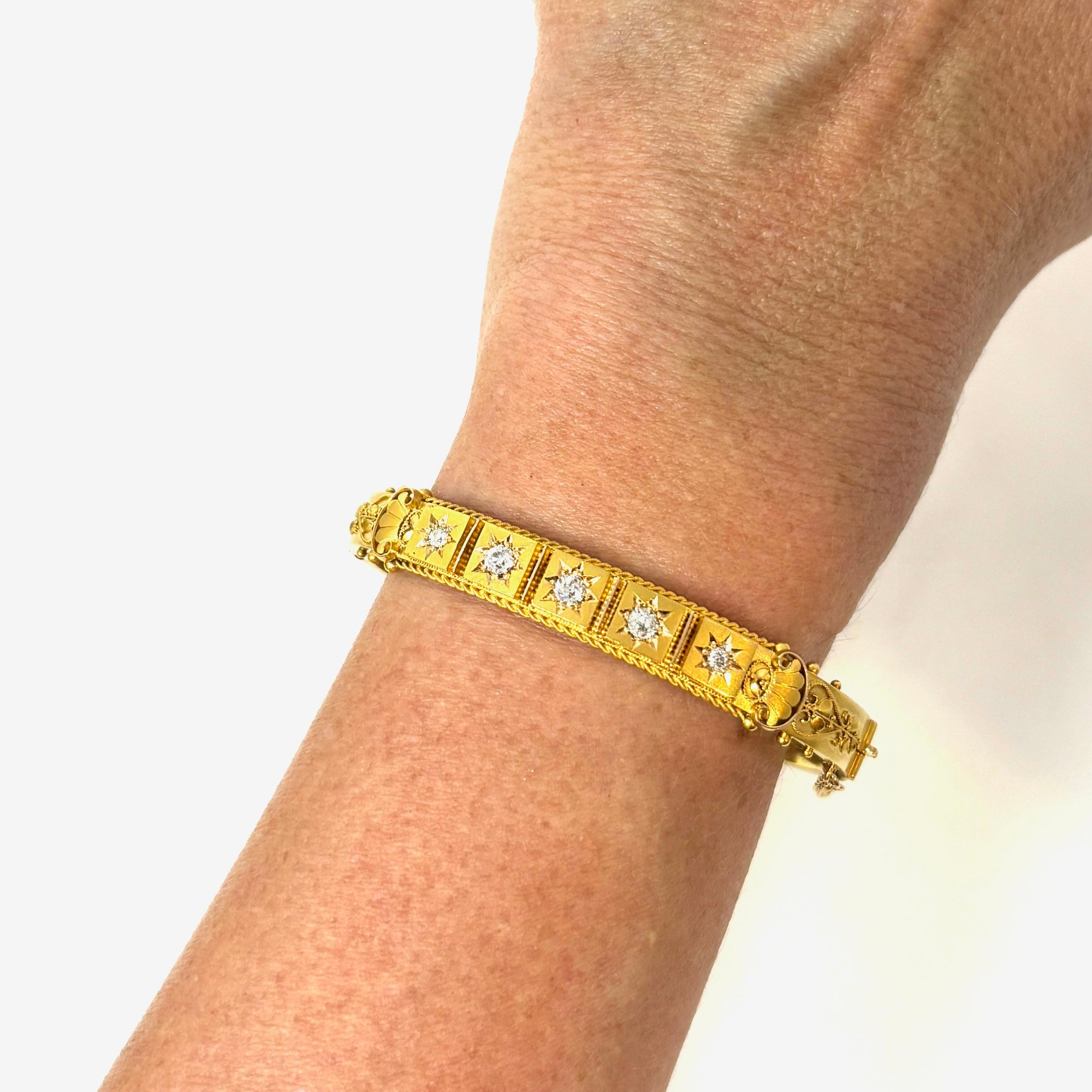 Antique English 15 Carat Gold and Diamond Etruscan Revival Bangle 1