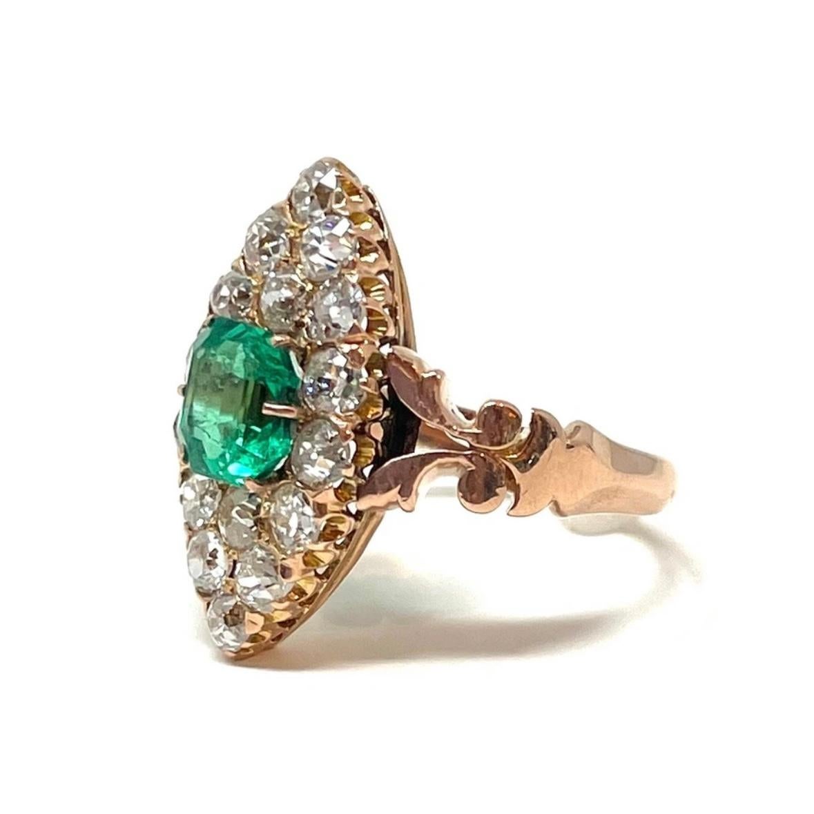 Antique English 15 Carat Gold Old Mine Cut Diamond and Emerald Navette Ring In Good Condition For Sale In New Orleans, LA