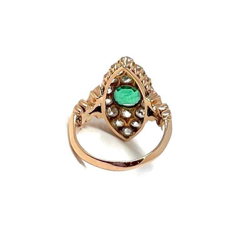 Antique English 15 Carat Gold Old Mine Cut Diamond and Emerald Navette Ring For Sale 1