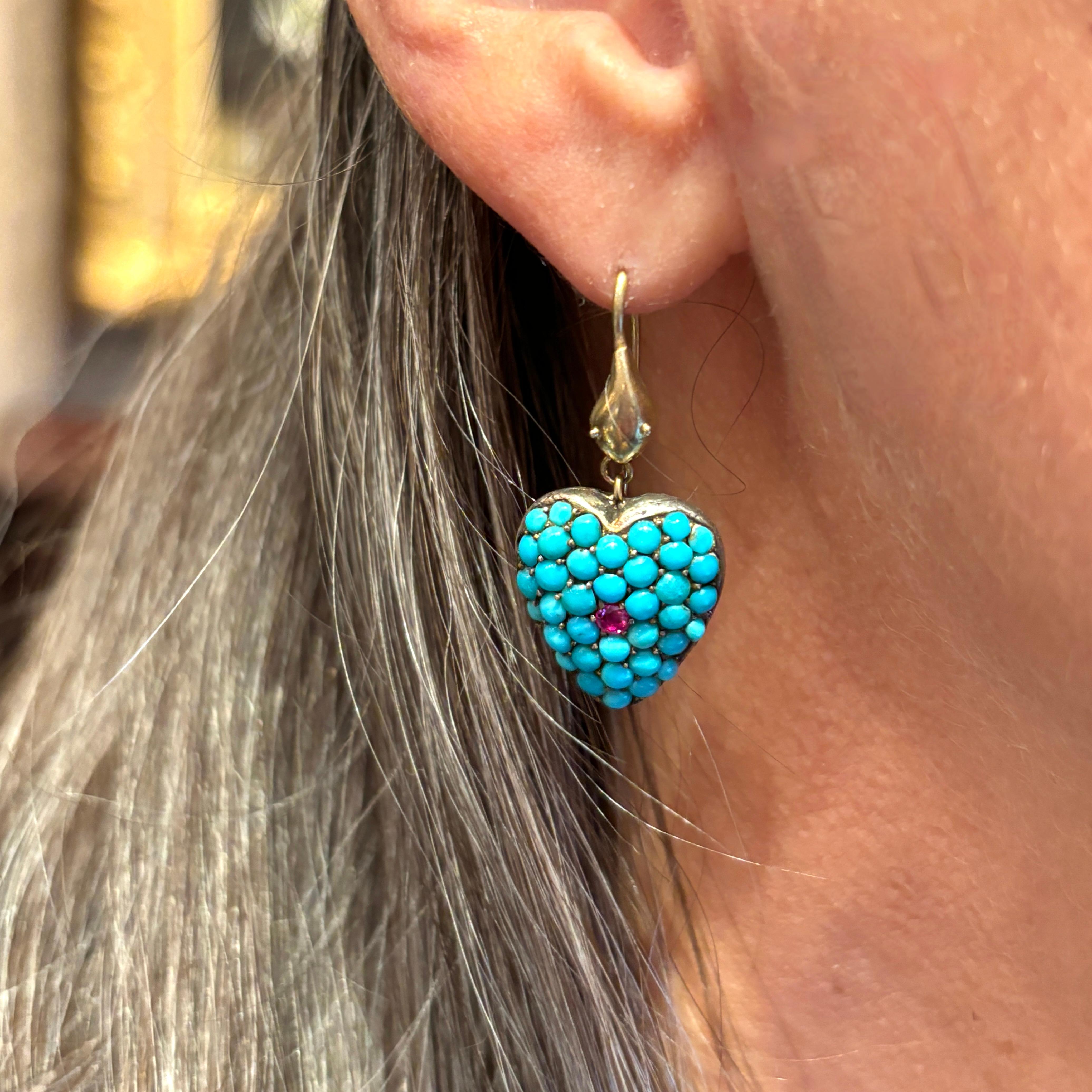 Antique English 15 Carat Gold, Persian Turquoise and Ruby Snake Earrings For Sale 2