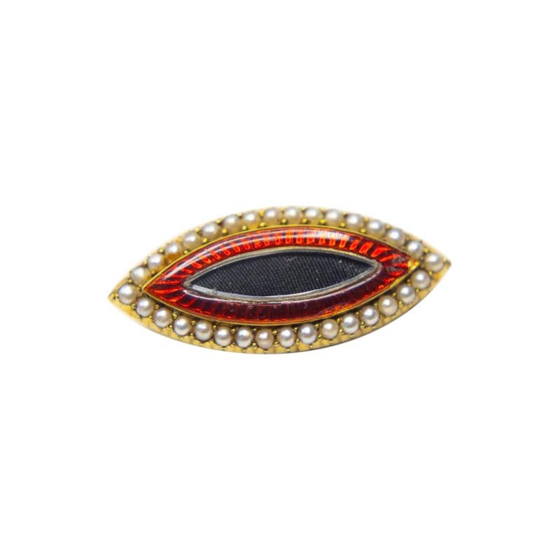 Antique English 15 Carat Gold Red Enamel and Seed Pearl Navette Shaped Brooch For Sale