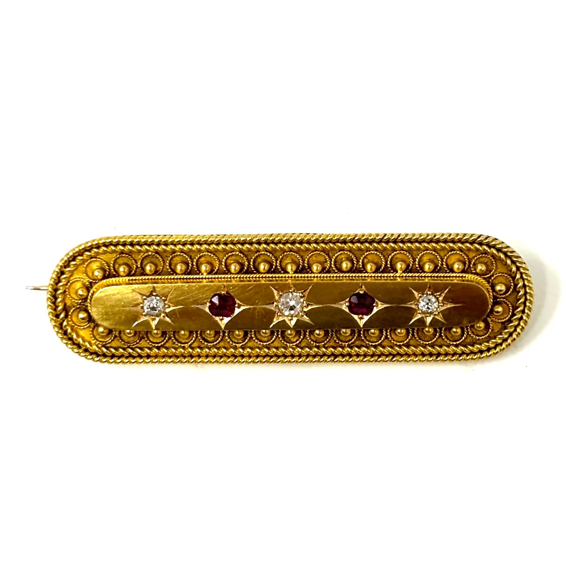 Etruscan Revival Antique English 15 Carat Gold Ruby and Diamond Bar Pin For Sale