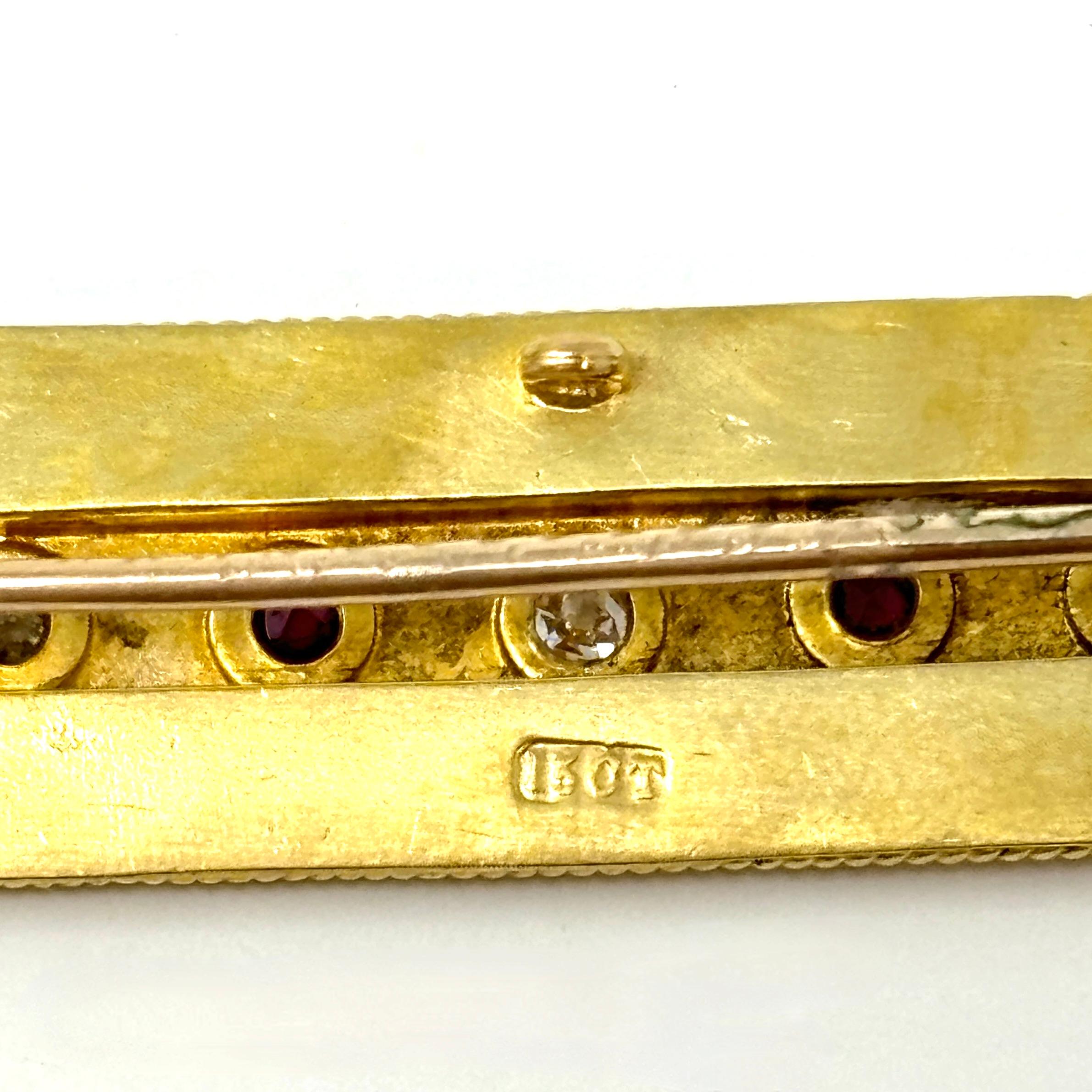 Women's or Men's Antique English 15 Carat Gold Ruby and Diamond Bar Pin For Sale