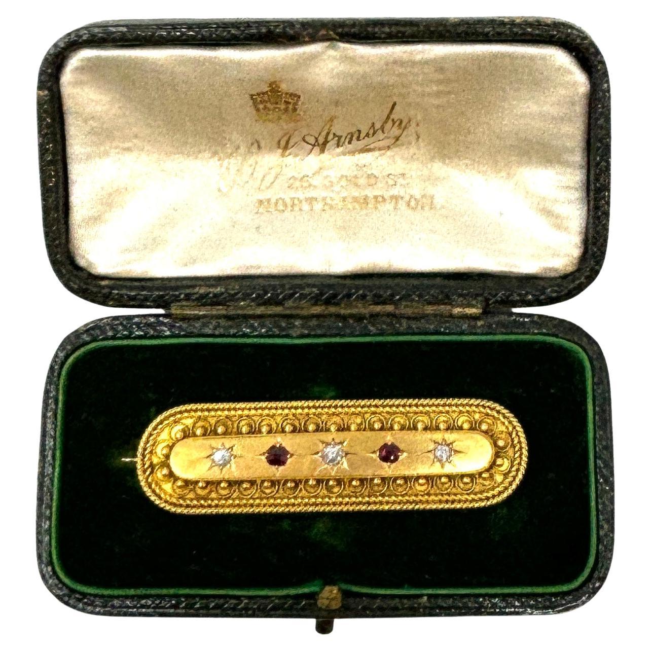Antique English 15 Carat Gold Ruby and Diamond Bar Pin