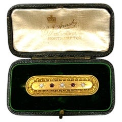 Antique English 15 Carat Gold Ruby and Diamond Bar Pin