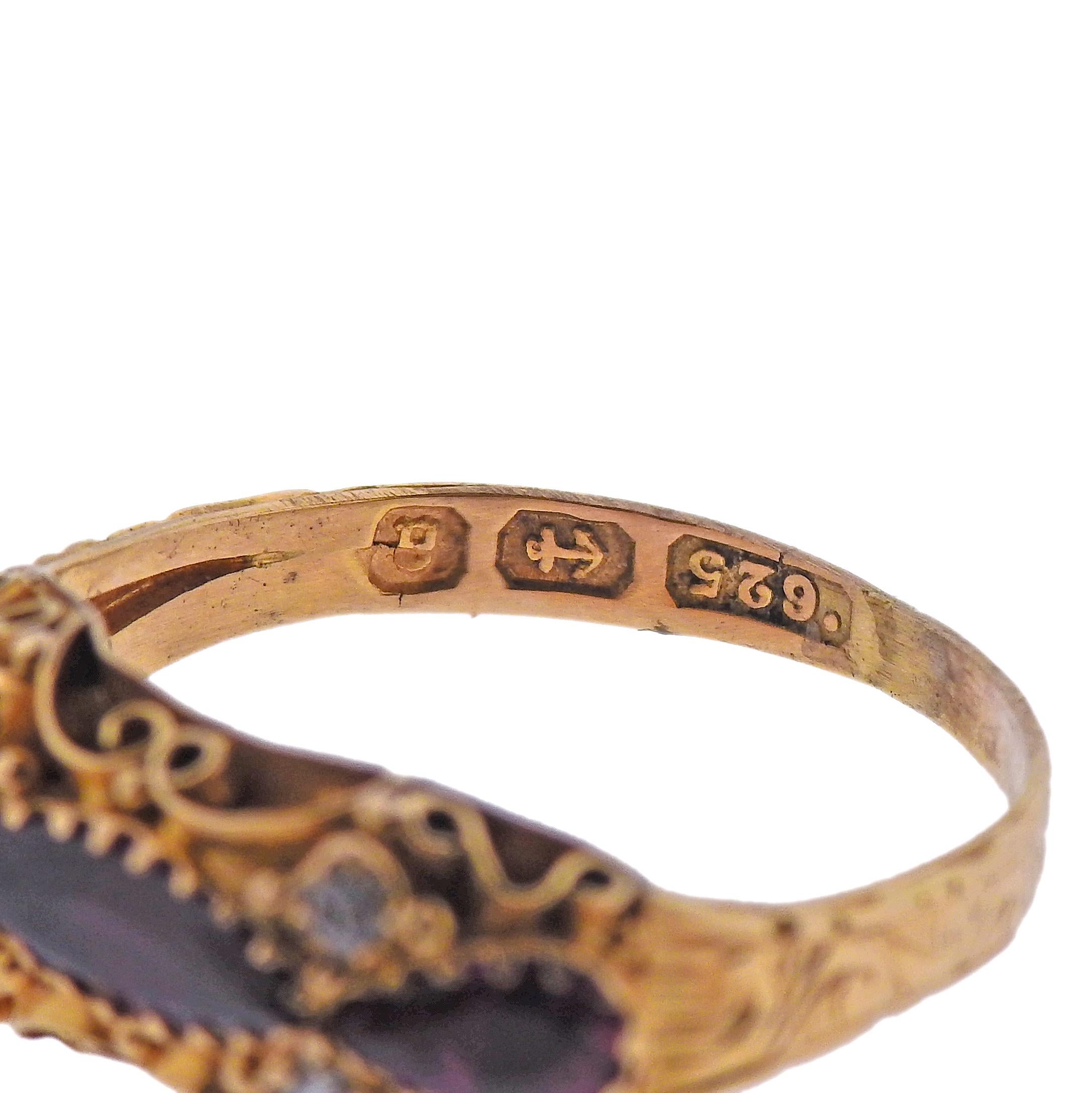 Round Cut Antique English 15 Karat Gold Rubellite Diamond Ring For Sale