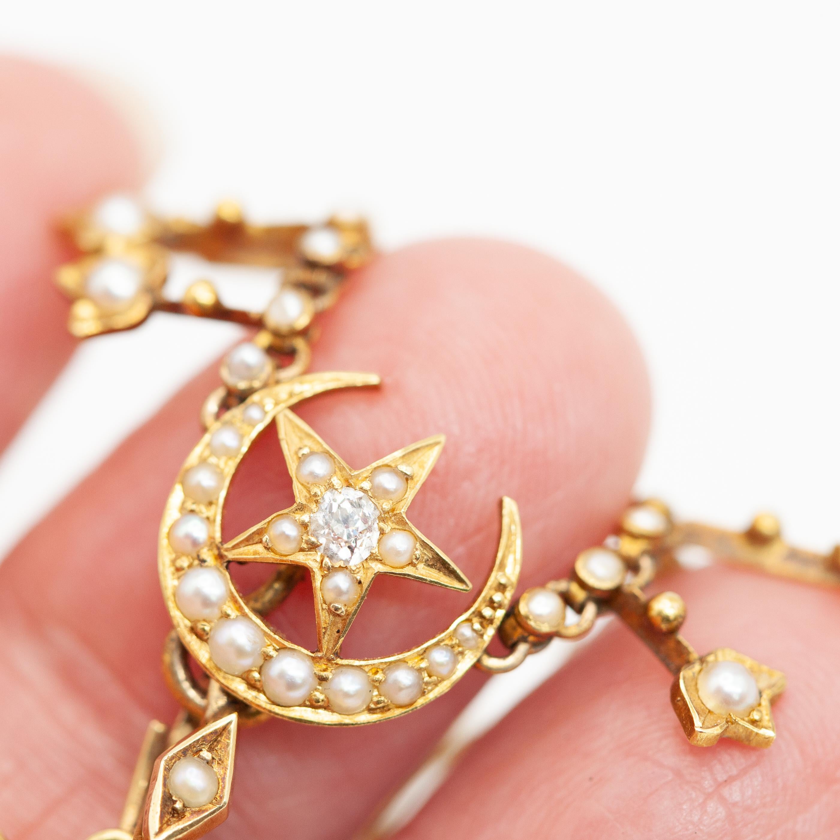 Collana con ciondolo a forma di stella in oro giallo con diamanti e perle di seme inglese 15CT in vendita 5