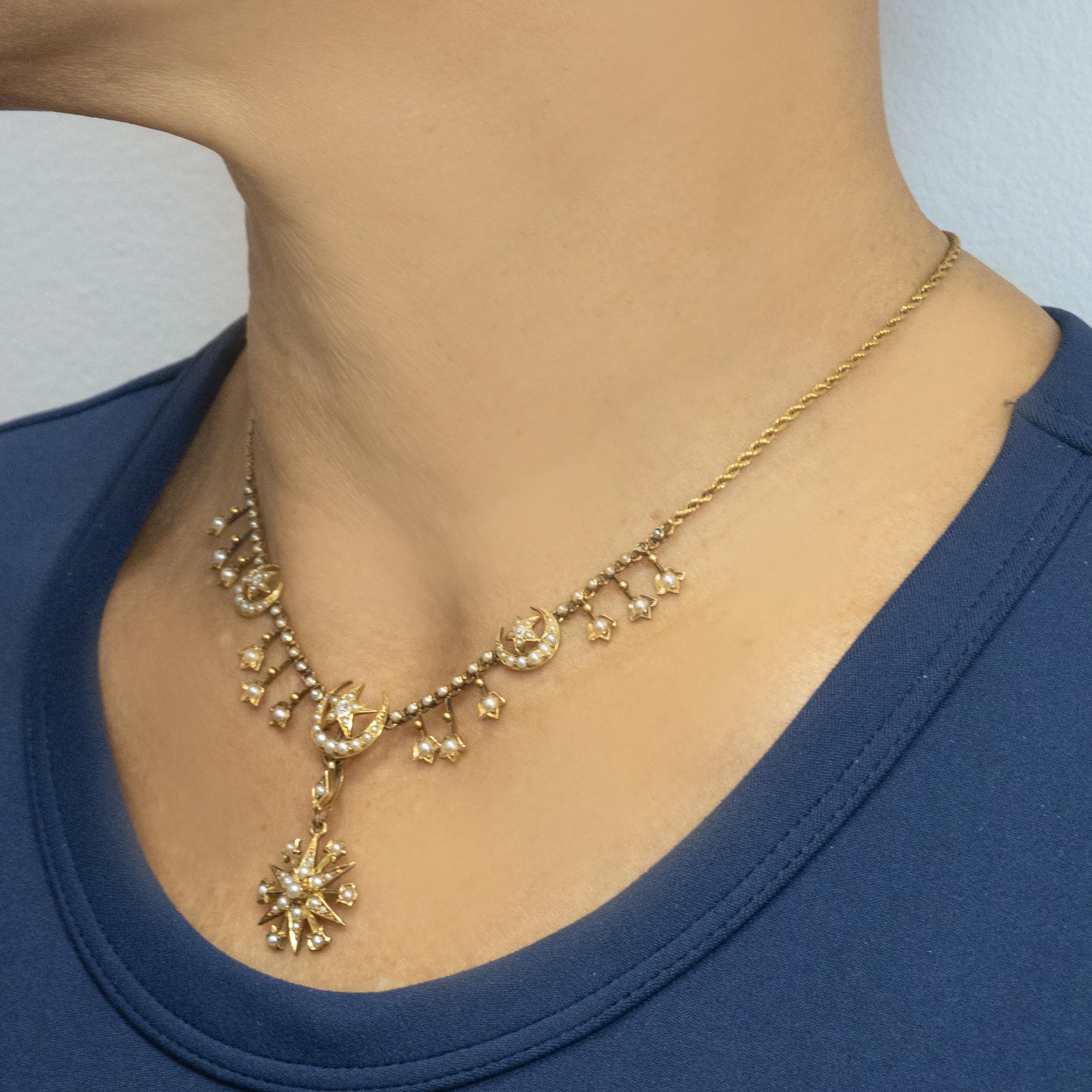 Collana con ciondolo a forma di stella in oro giallo con diamanti e perle di seme inglese 15CT in vendita 6