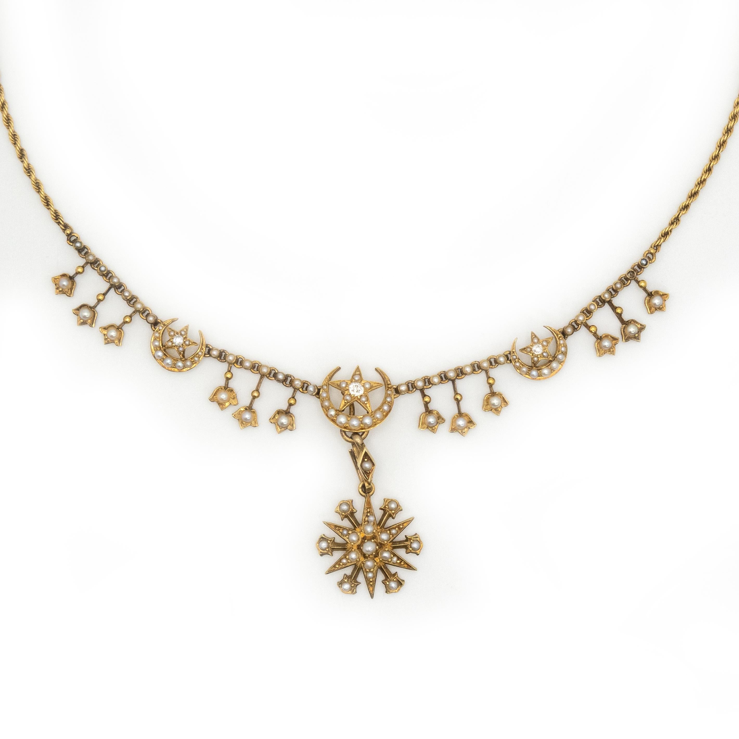 Collana con ciondolo a forma di stella in oro giallo con diamanti e perle di seme inglese 15CT in vendita 7