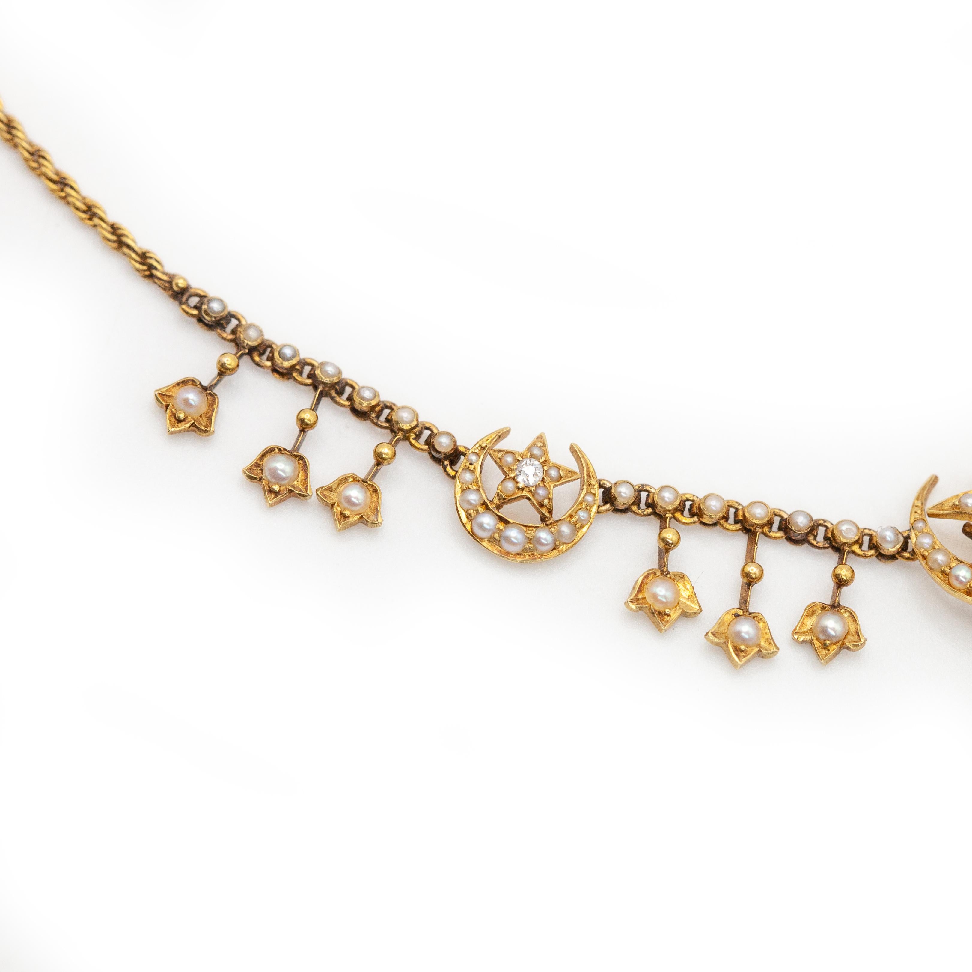 Collana con ciondolo a forma di stella in oro giallo con diamanti e perle di seme inglese 15CT in vendita 8