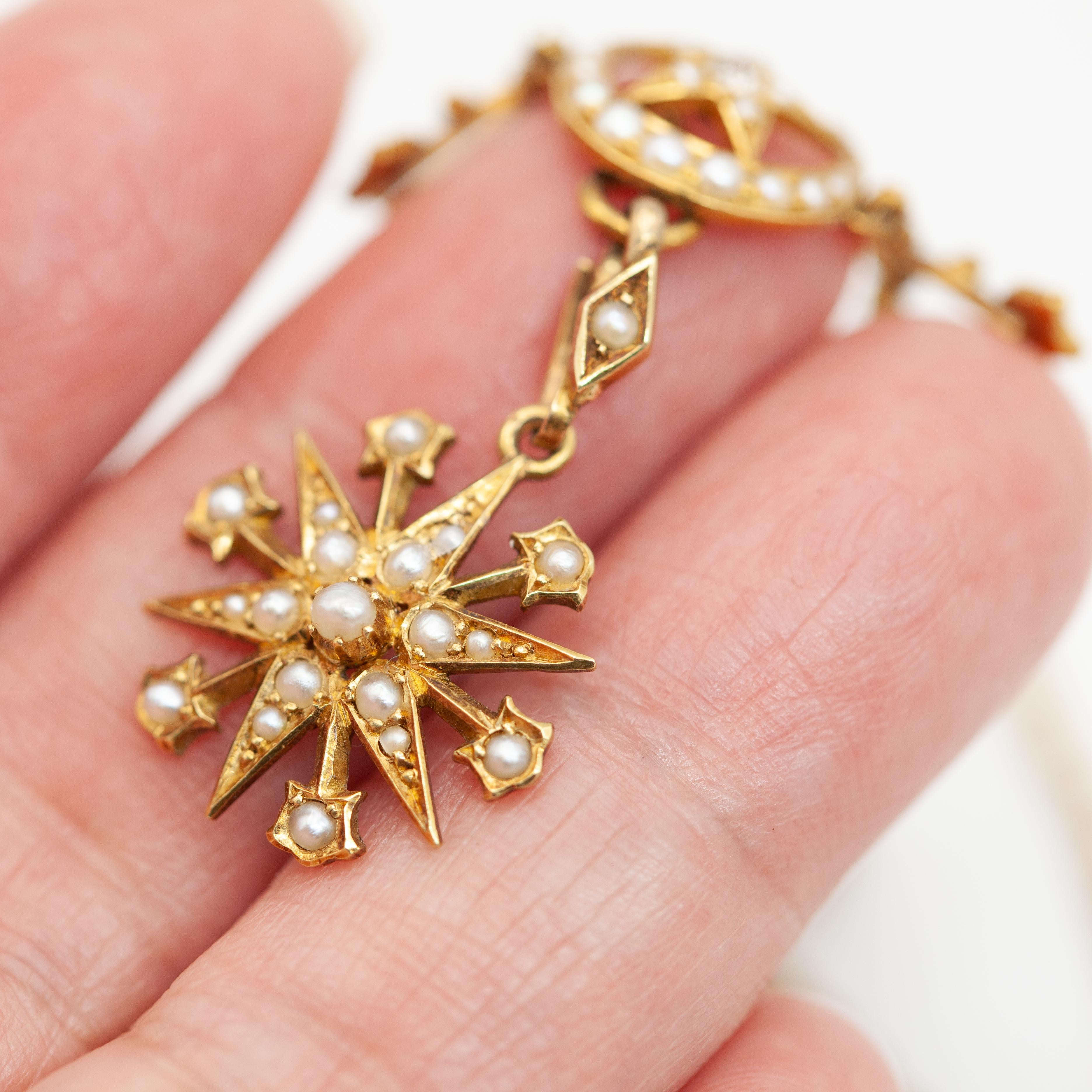 Vittoriano Collana con ciondolo a forma di stella in oro giallo con diamanti e perle di seme inglese 15CT in vendita