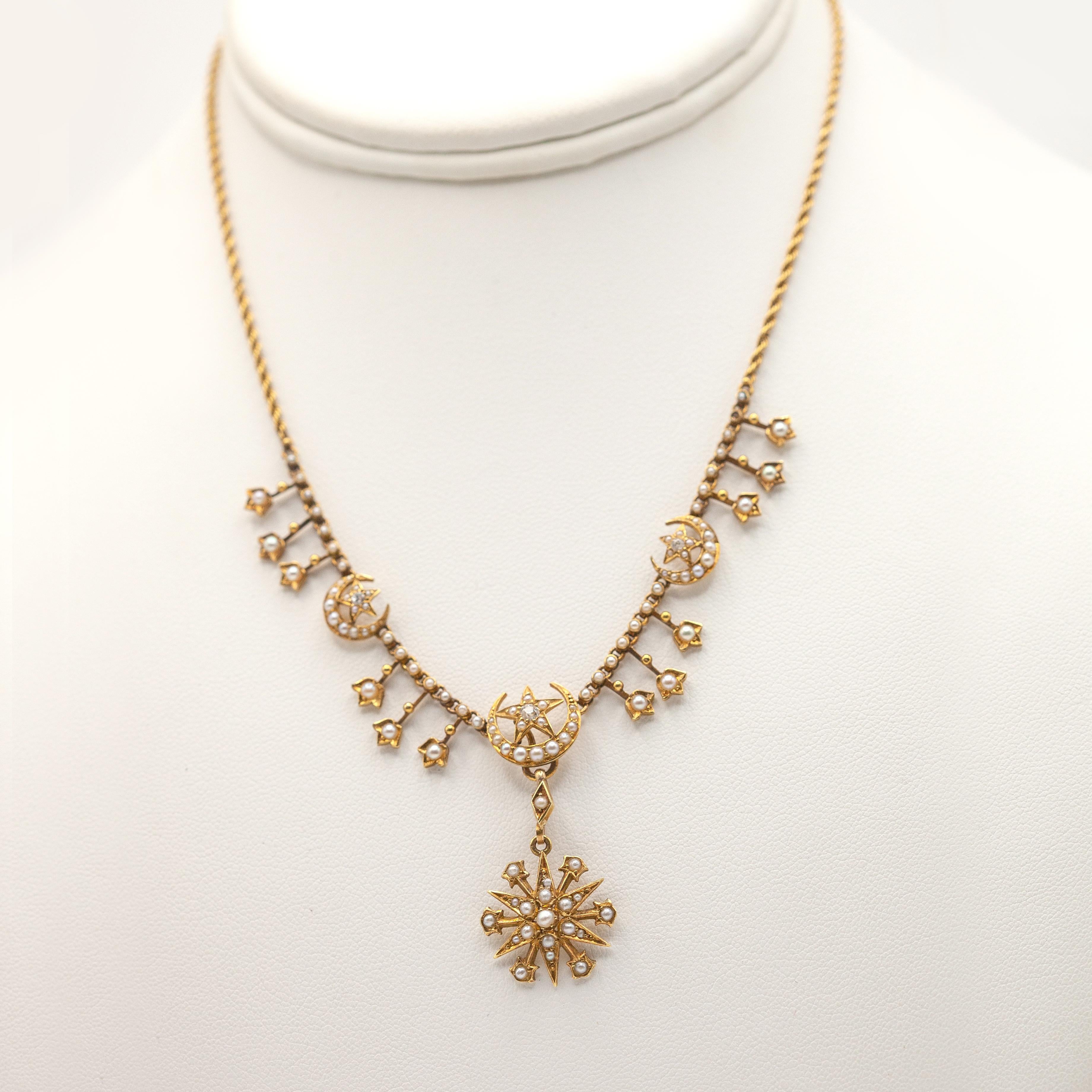 da uomo o donna Collana con ciondolo a forma di stella in oro giallo con diamanti e perle di seme inglese 15CT in vendita