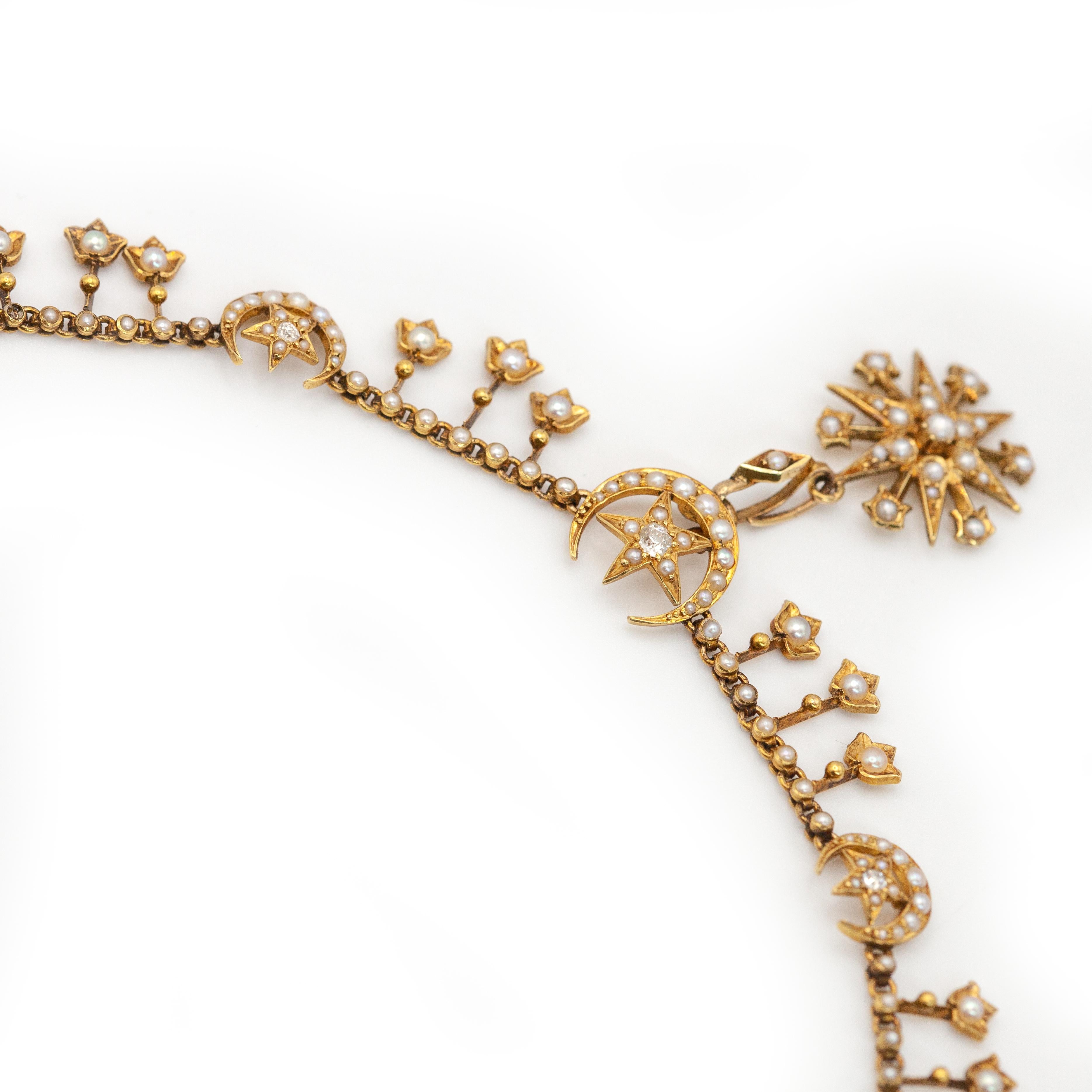 Collana con ciondolo a forma di stella in oro giallo con diamanti e perle di seme inglese 15CT in vendita 1
