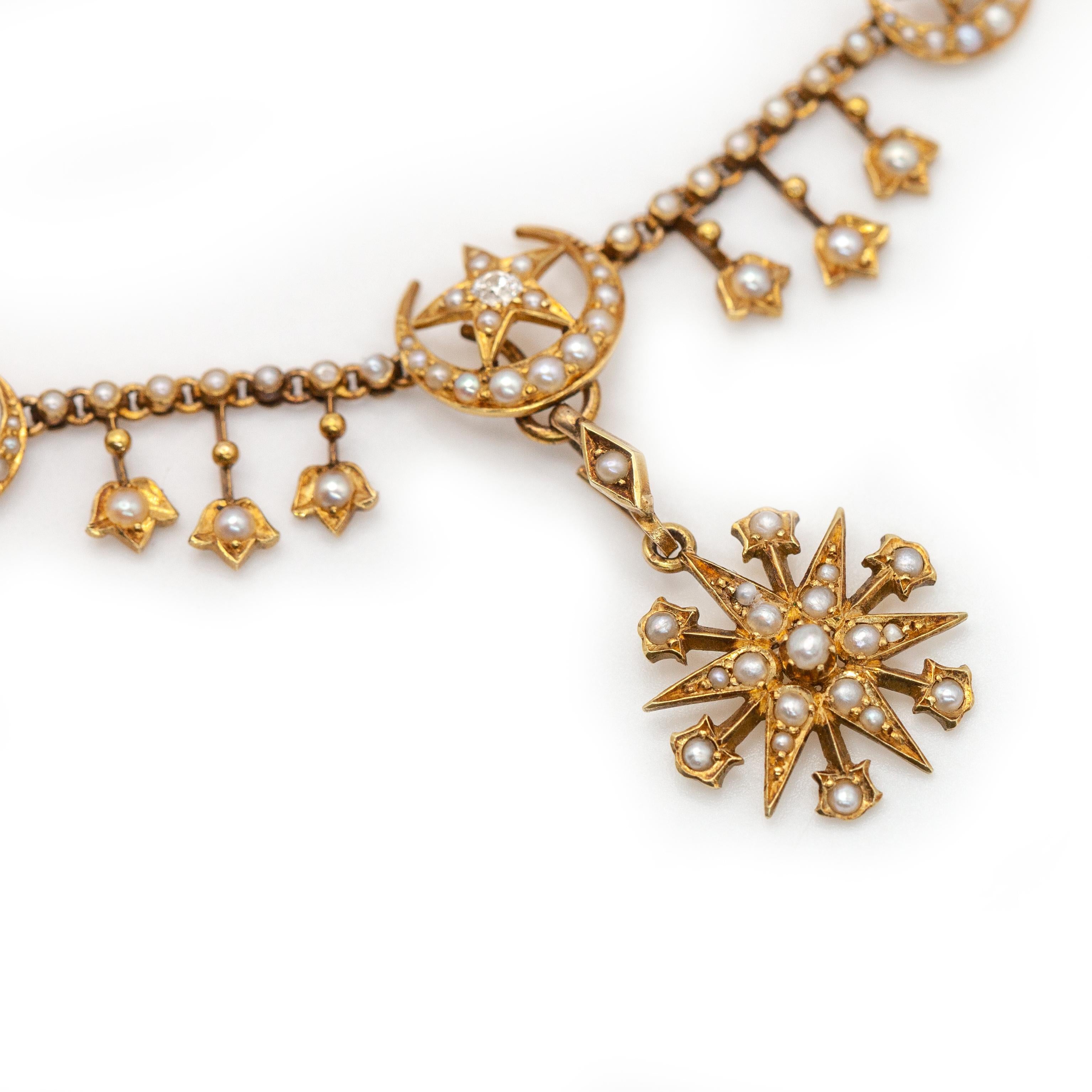 Collana con ciondolo a forma di stella in oro giallo con diamanti e perle di seme inglese 15CT in vendita 2