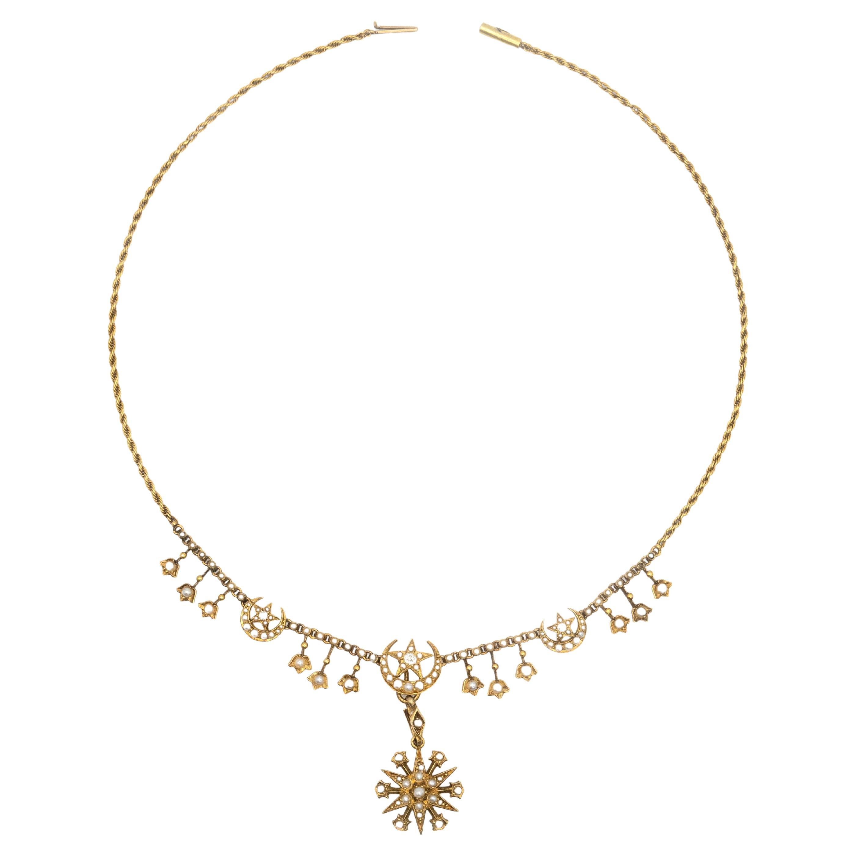 Antique Victorian English 15K YG Diamond Seed Pearl Star Pendant Necklace