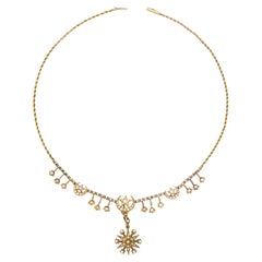 Antique Victorian English 15K YG Diamond Seed Pearl Star Pendant Necklace