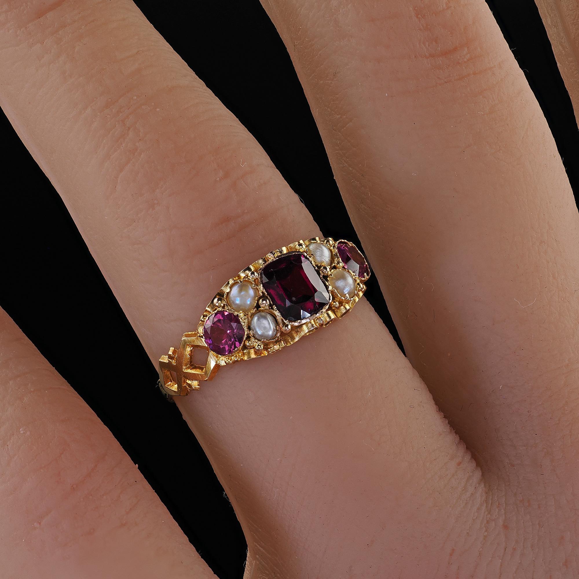 Antique English 15K Yellow Gold Rhodolite Garnet and Pearl Ring For Sale 5