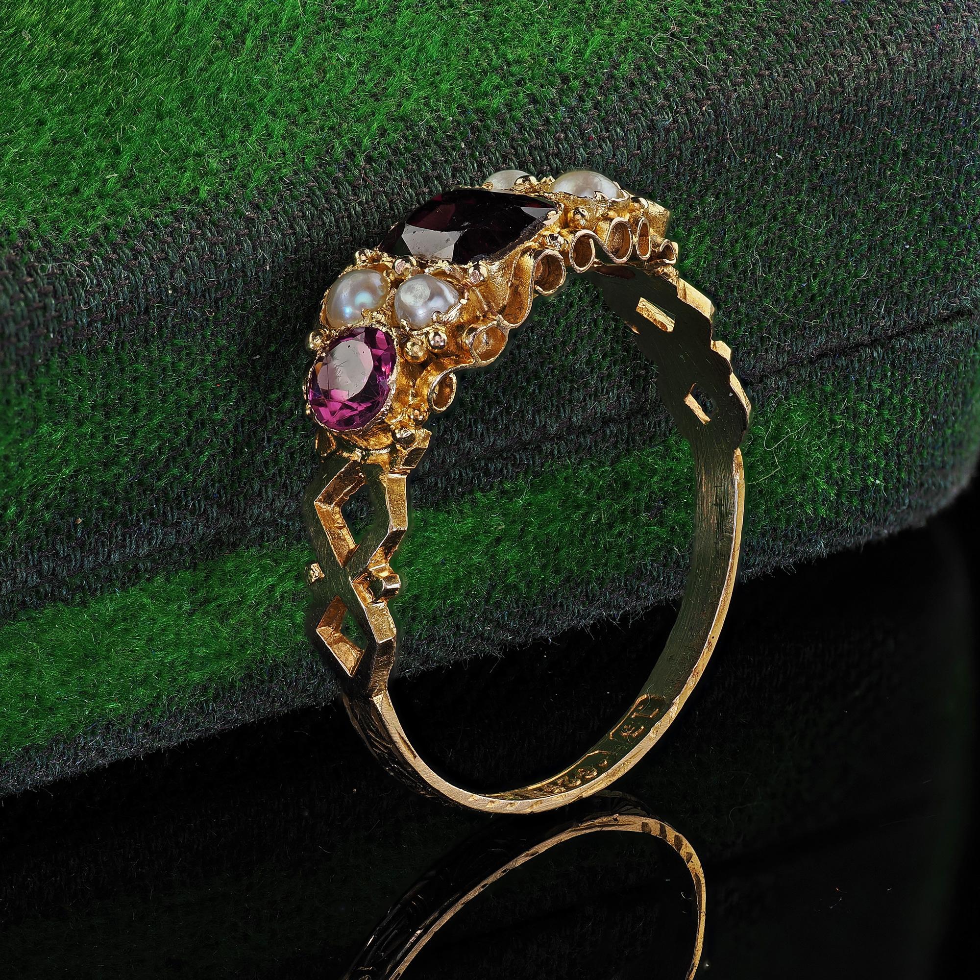 Victorian Antique English 15K Yellow Gold Rhodolite Garnet and Pearl Ring For Sale