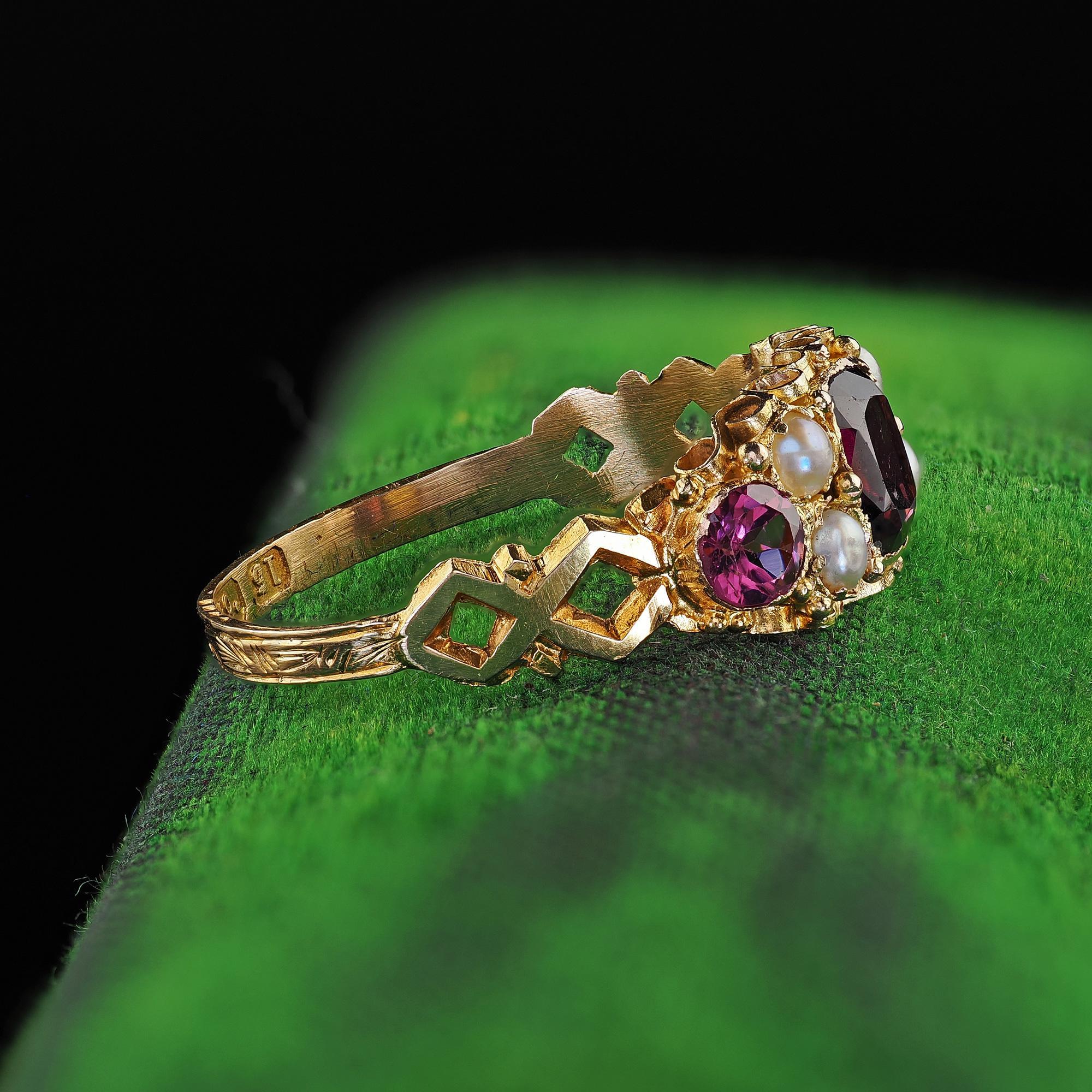 Old Mine Cut Antique English 15K Yellow Gold Rhodolite Garnet and Pearl Ring For Sale