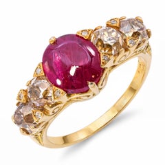 Antique English 15k Yellow Gold Ruby Cabochon and Old Mine-Cut Diamond Ring