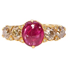 Antique English 15k Yellow Gold Ruby Cabochon and Old Mine-Cut Diamond Ring