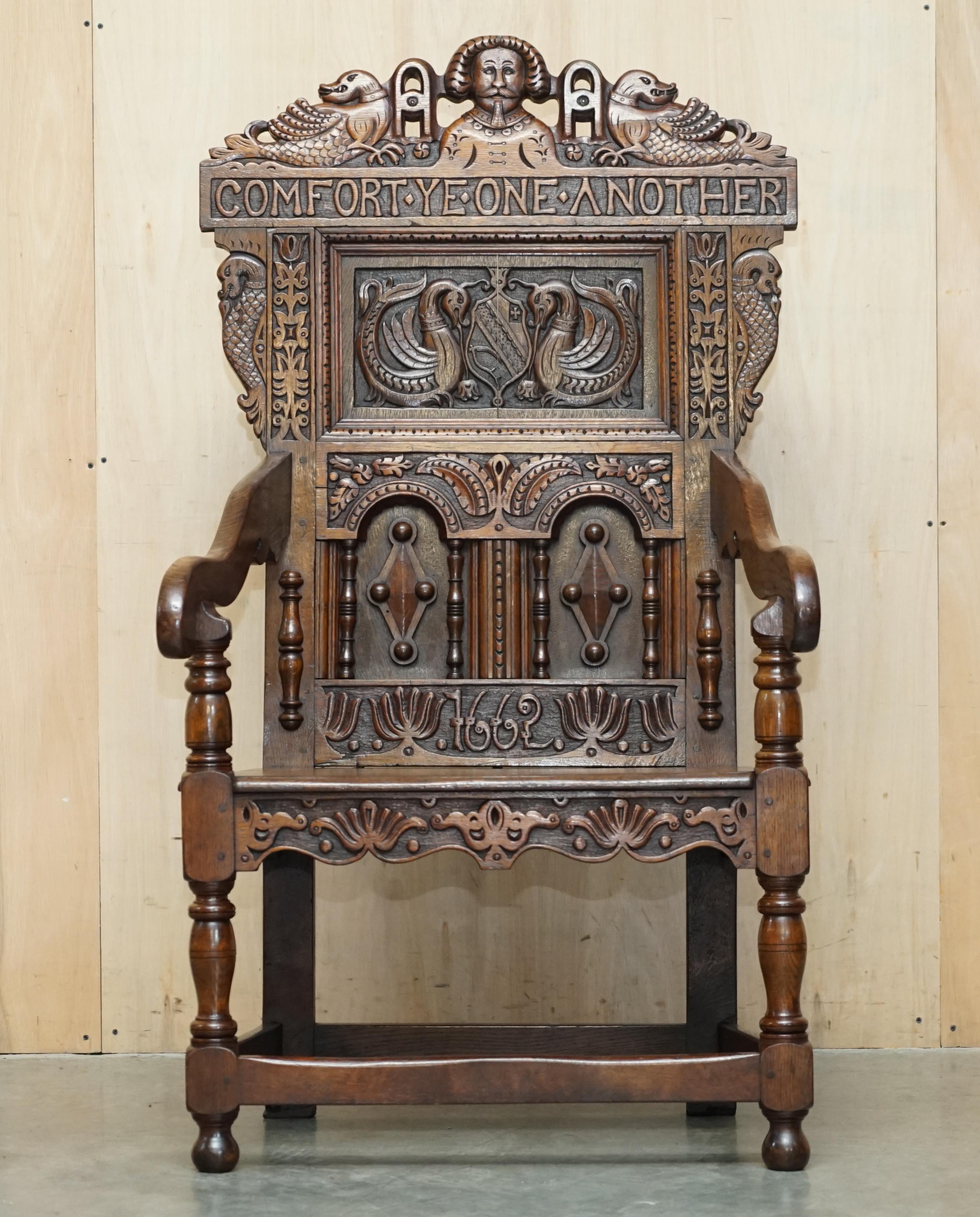 Royal House Antiques

Royal House Antiques is delighted to offer for sale this exceptionally rare, 1662 dated, Northern English hand carved from solid oak Wainscot armchair with the quote 
