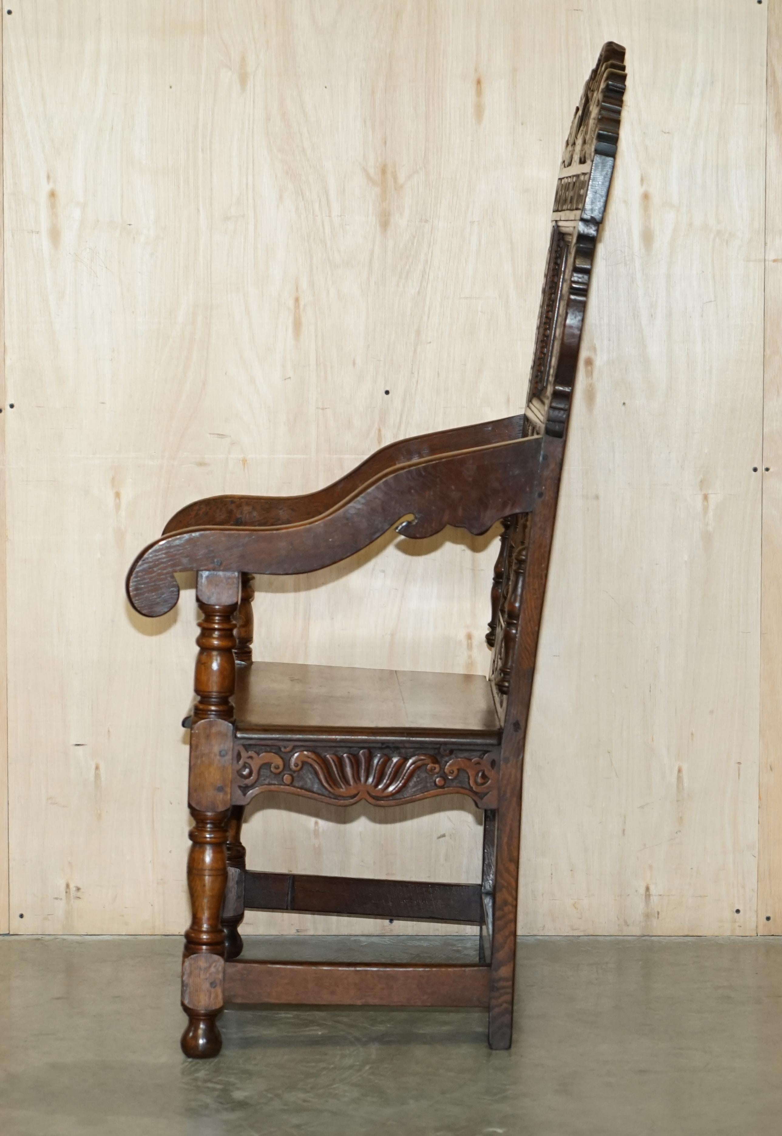 ANTiQUE ENGLISH 1662 DATED COMFORT ONE ANOTHER CARVED WAINSCOTT THRONE ARMCHAIR For Sale 13