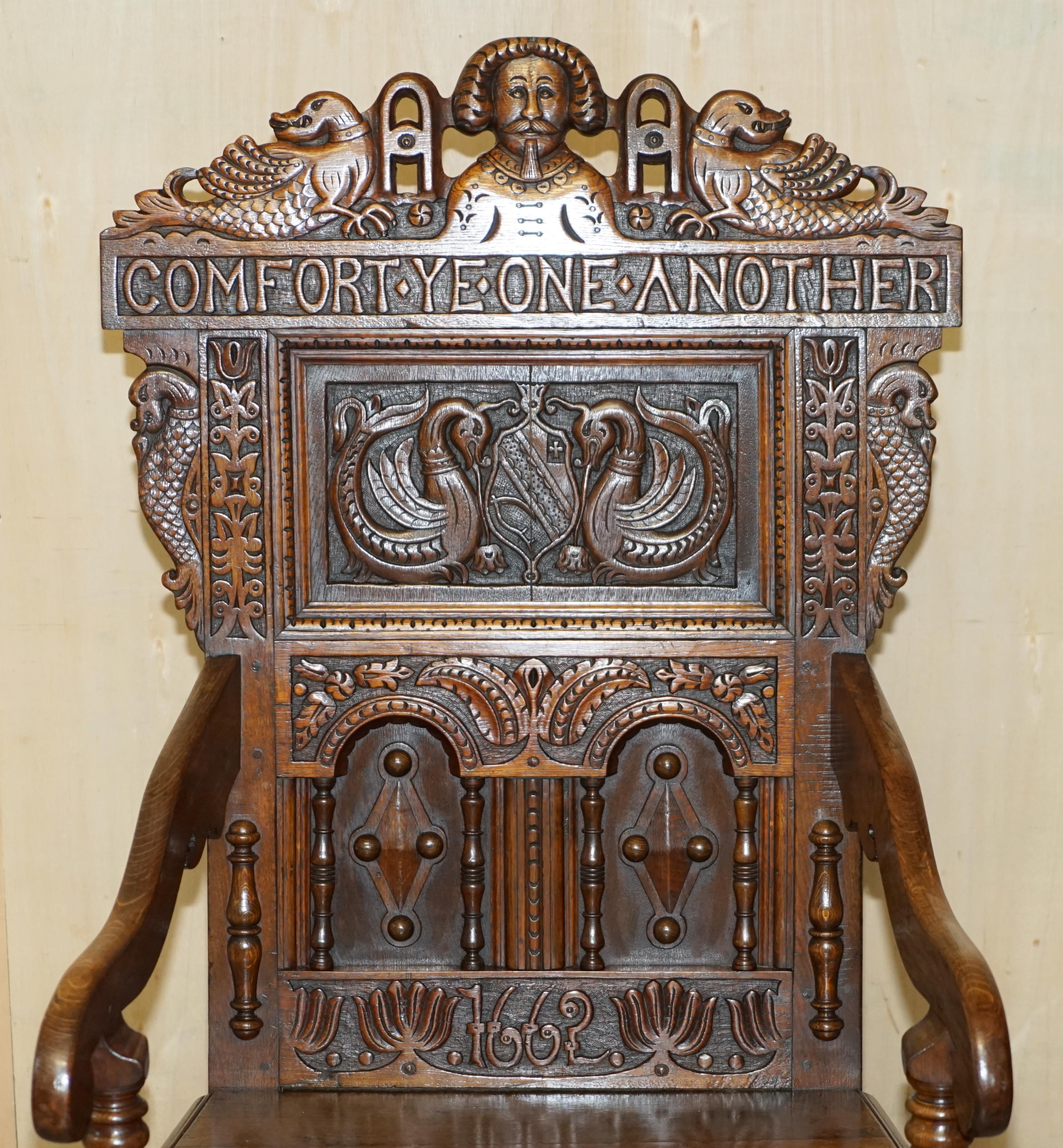 Jacobean ANTiQUE ENGLISH 1662 DATED COMFORT ONE ANOTHER CARVED WAINSCOTT THRONE ARMCHAIR For Sale