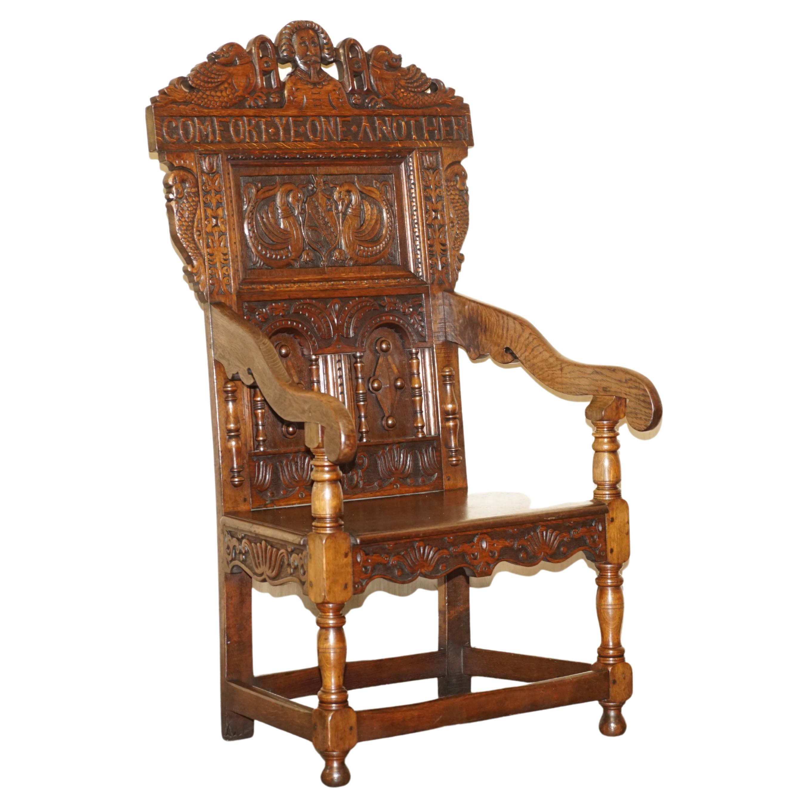 ANTiQUE ENGLISH 1662 DATED COMFORT ONE ANOTHER CARVED WAINSCOTT THRONE ARMCHAIR For Sale