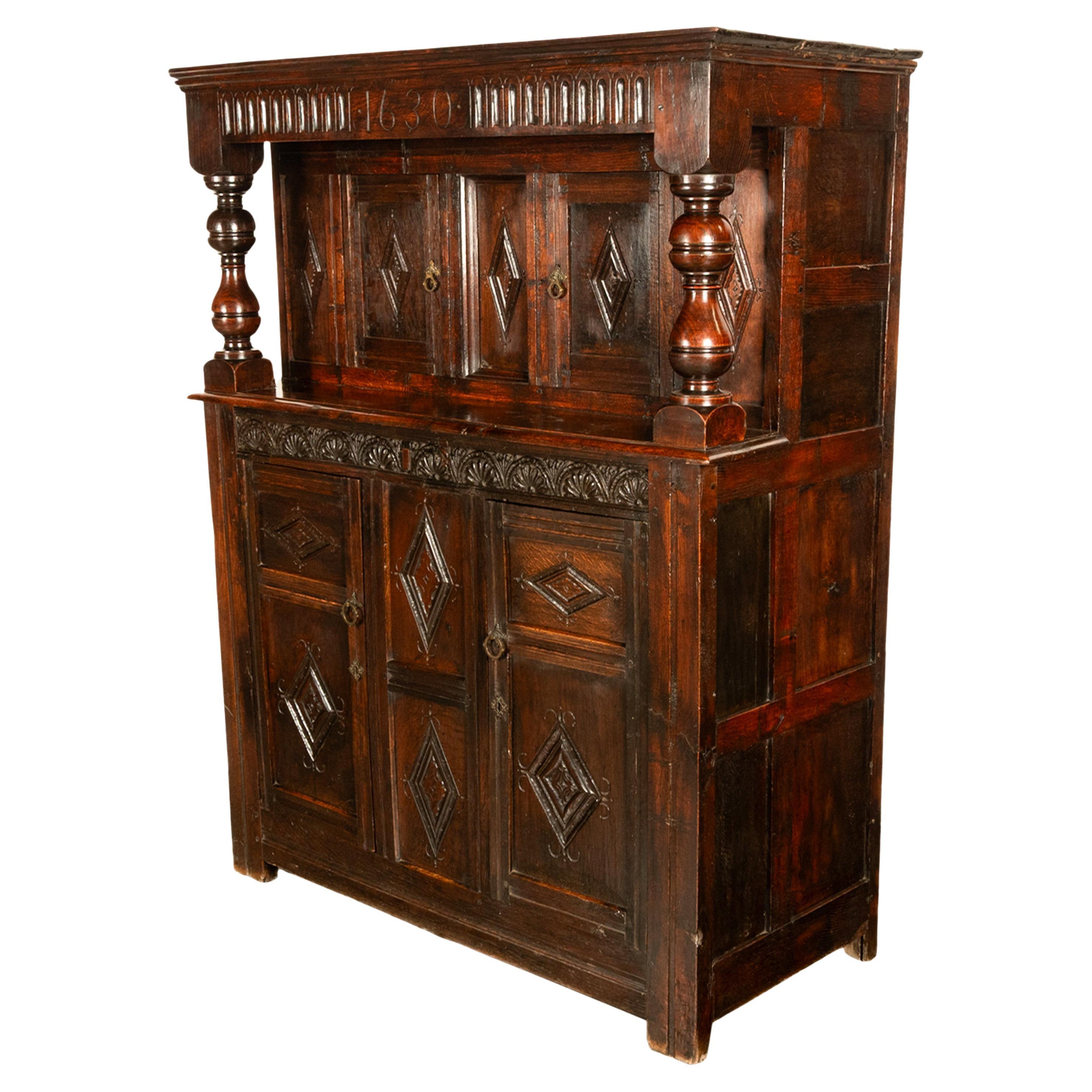 Antique English 17th Century Charles I Carved Oak Court Cupboard Cabinet 1630