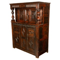 Antique English 17th Century Charles I Carved Oak Court Cupboard Cabinet 1630