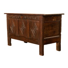 Antique English 17th Century Charles II Carved Oak Coffer Panelled Chest 1680