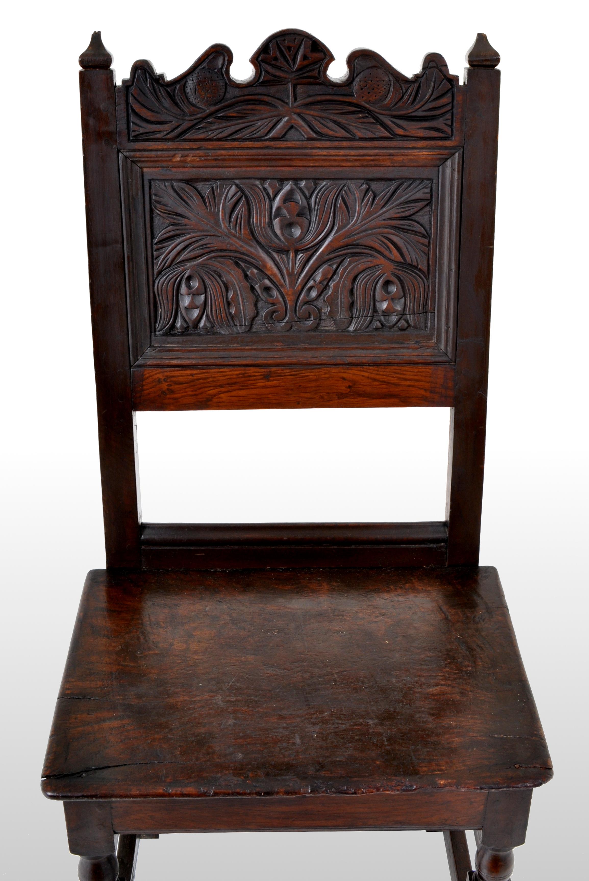 Hand-Carved Antique English 17th Century Jacobean Carved Oak Joined Chair, circa 1640