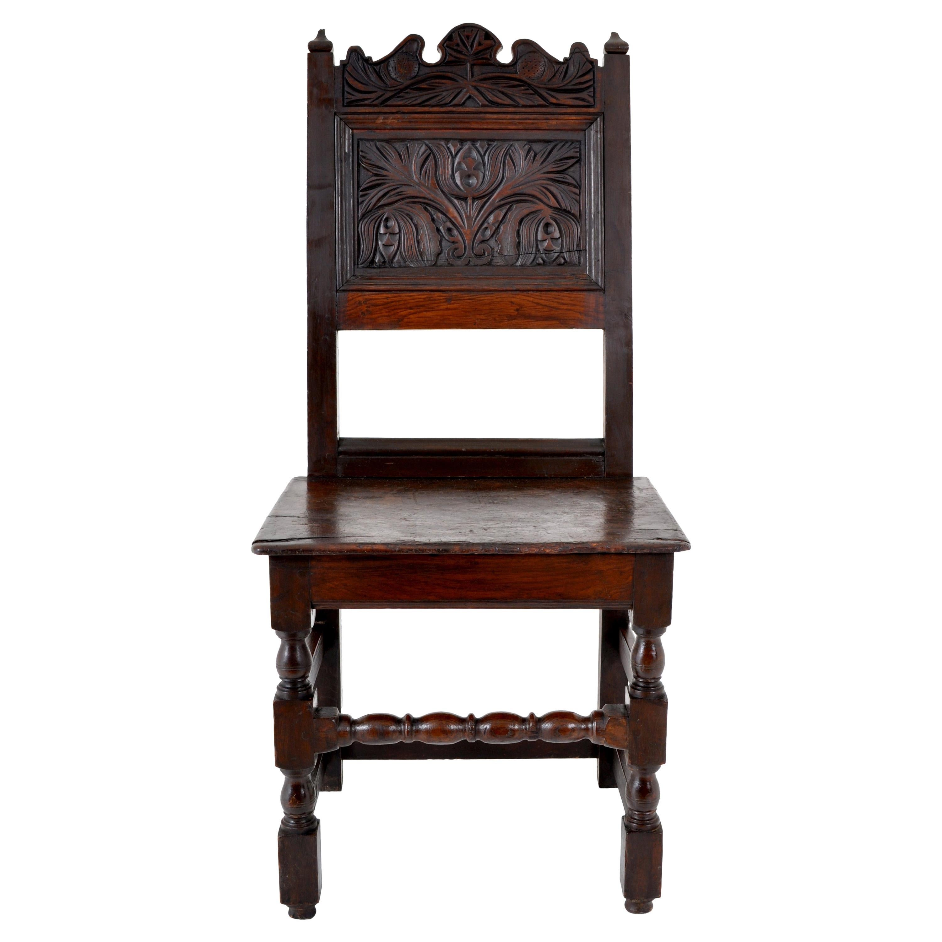 Antique English 17th Century Jacobean Carved Oak Joined Chair, circa 1640
