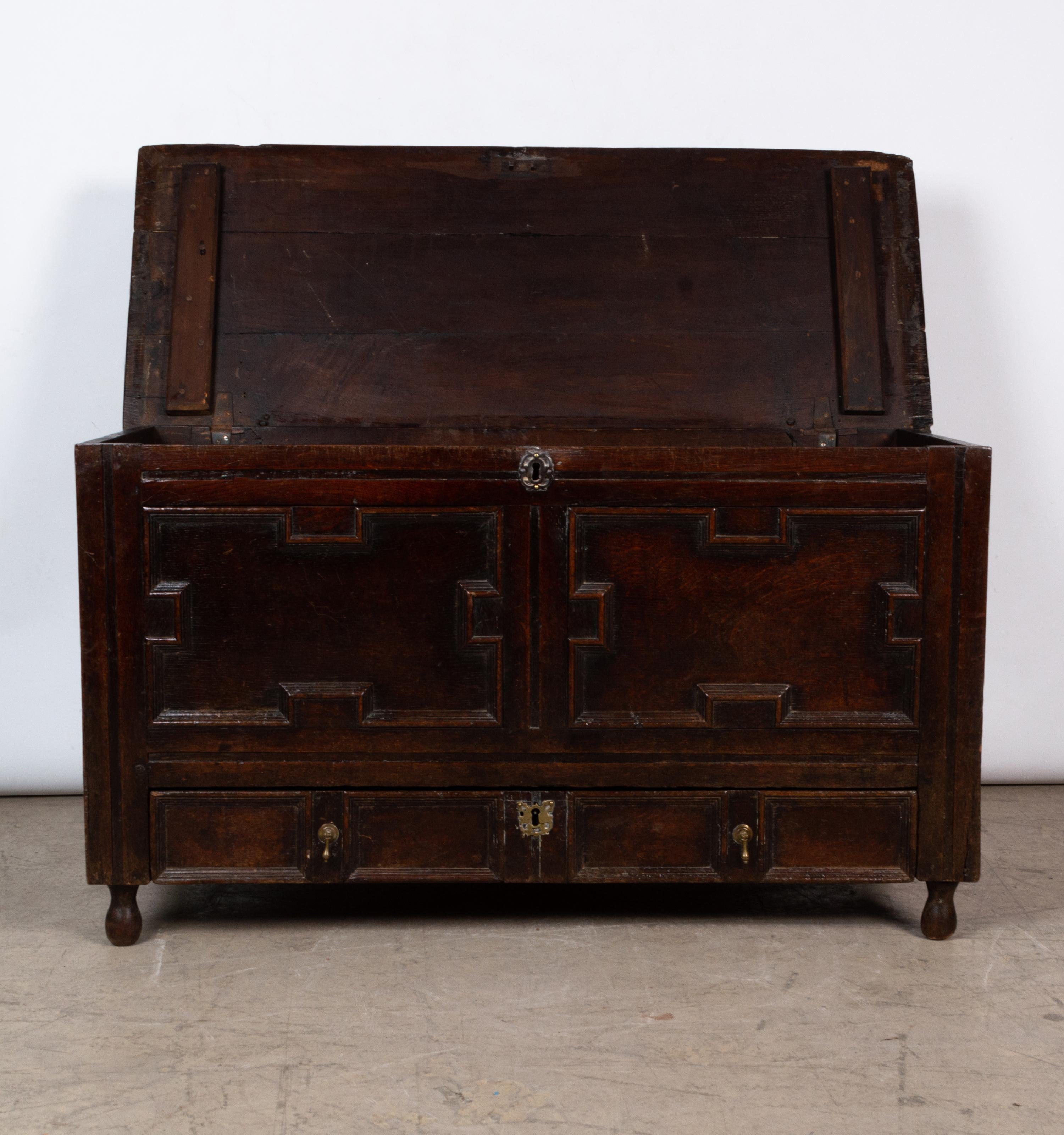 Charles II Antique English 17th Century Jacobean Oak Mule Chest Blank Chest Trunk, C.1660 For Sale