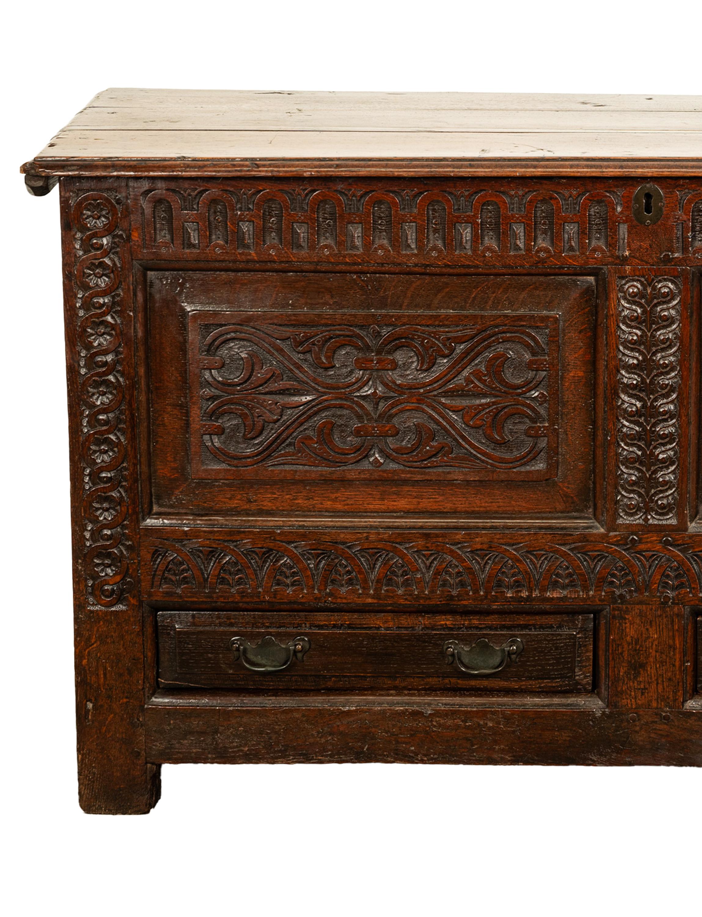  Antique English 17th Century King Charles II Carved Oak Coffer Mule Chest 1680  For Sale 9