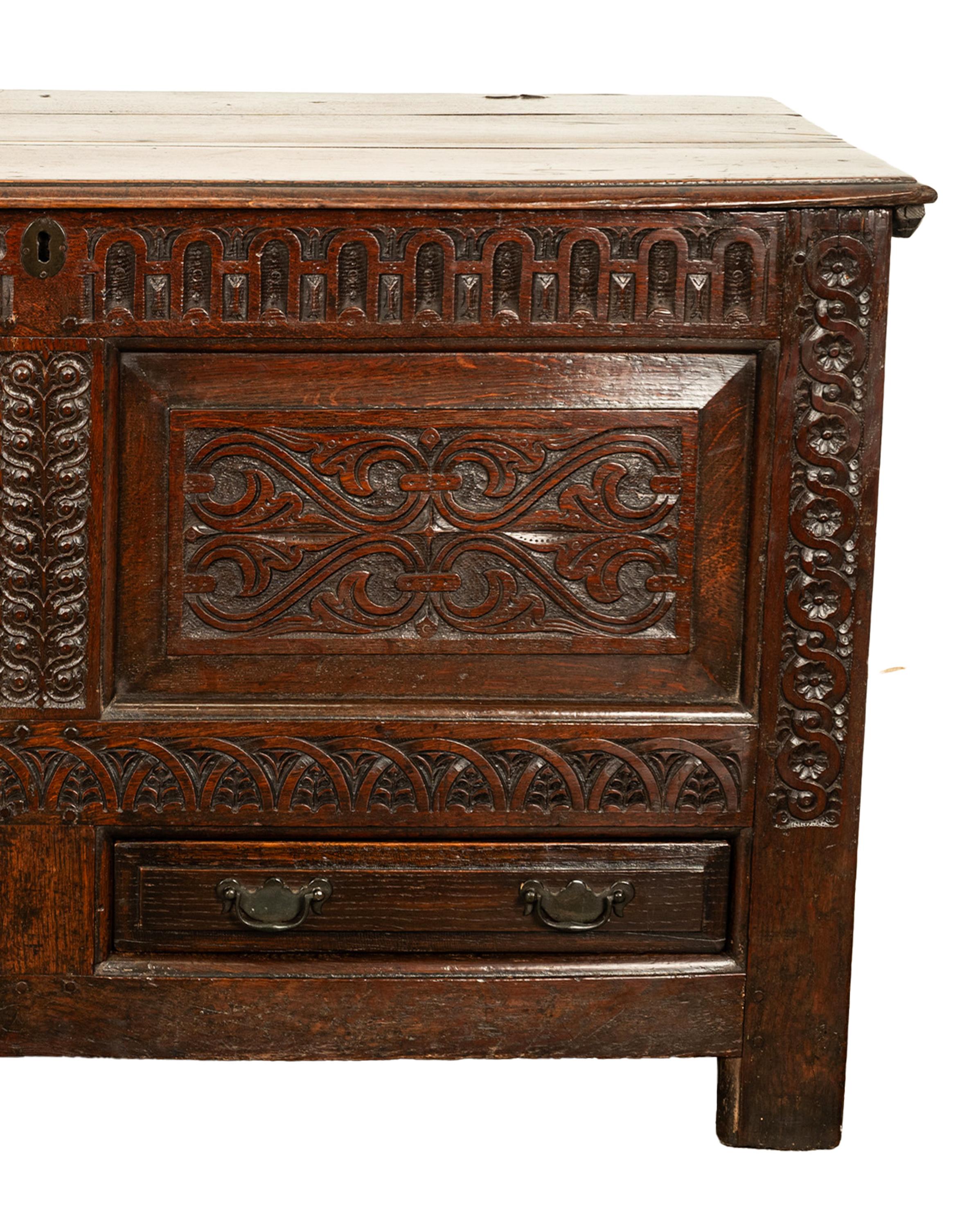  Antique English 17th Century King Charles II Carved Oak Coffer Mule Chest 1680  For Sale 11