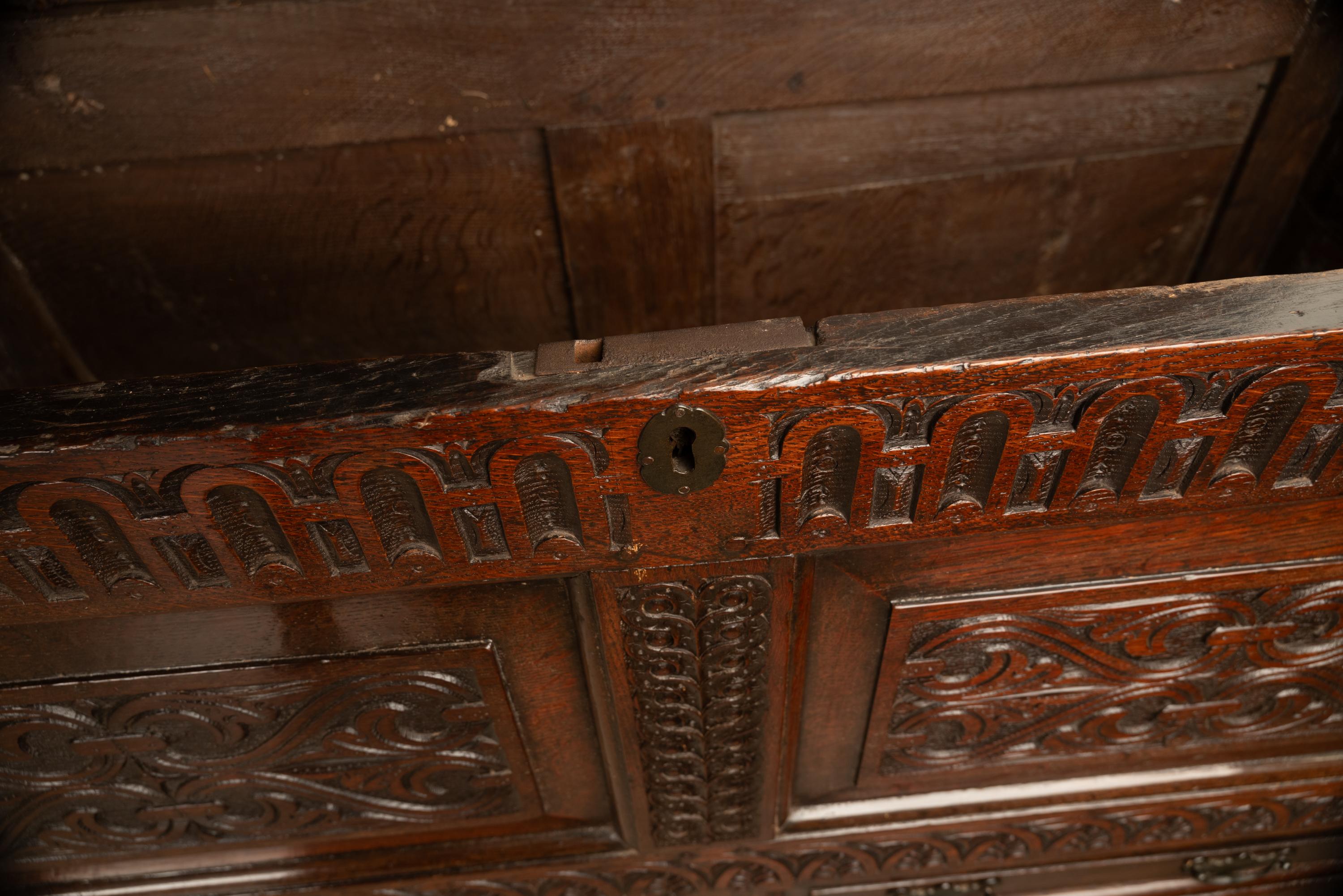  Antique English 17th Century King Charles II Carved Oak Coffer Mule Chest 1680  For Sale 11