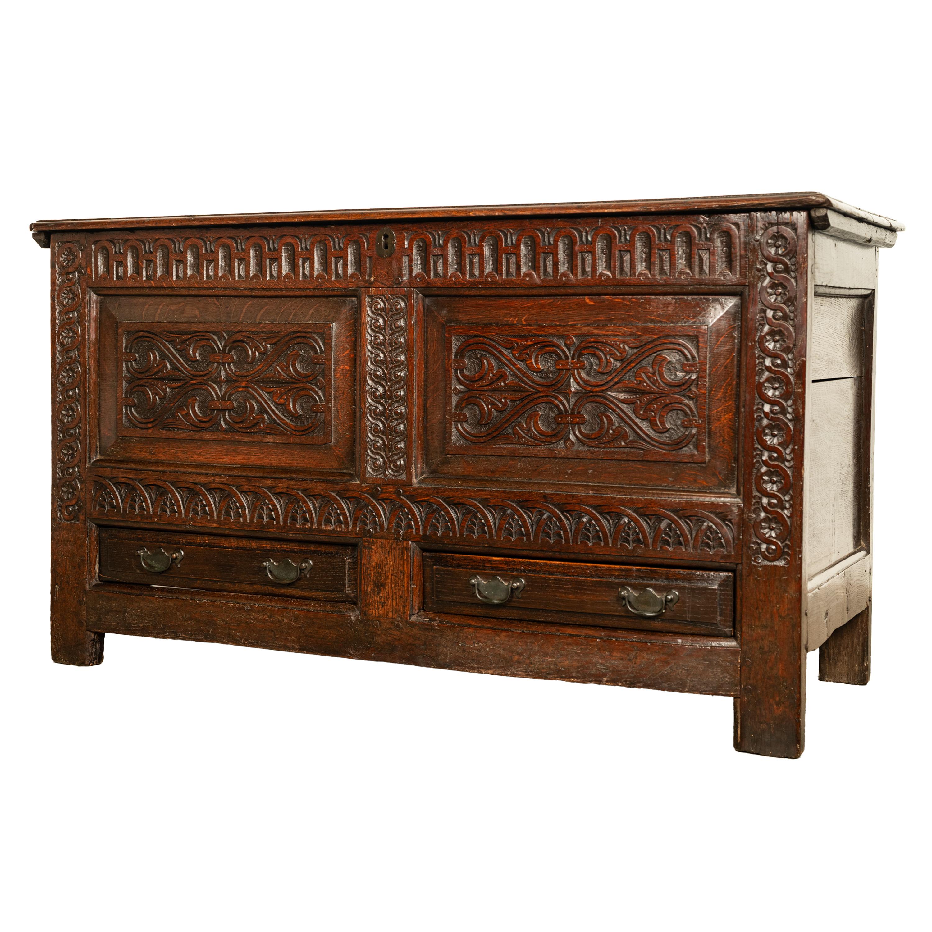  Antique English 17th Century King Charles II Carved Oak Coffer Mule Chest 1680  In Good Condition For Sale In Portland, OR